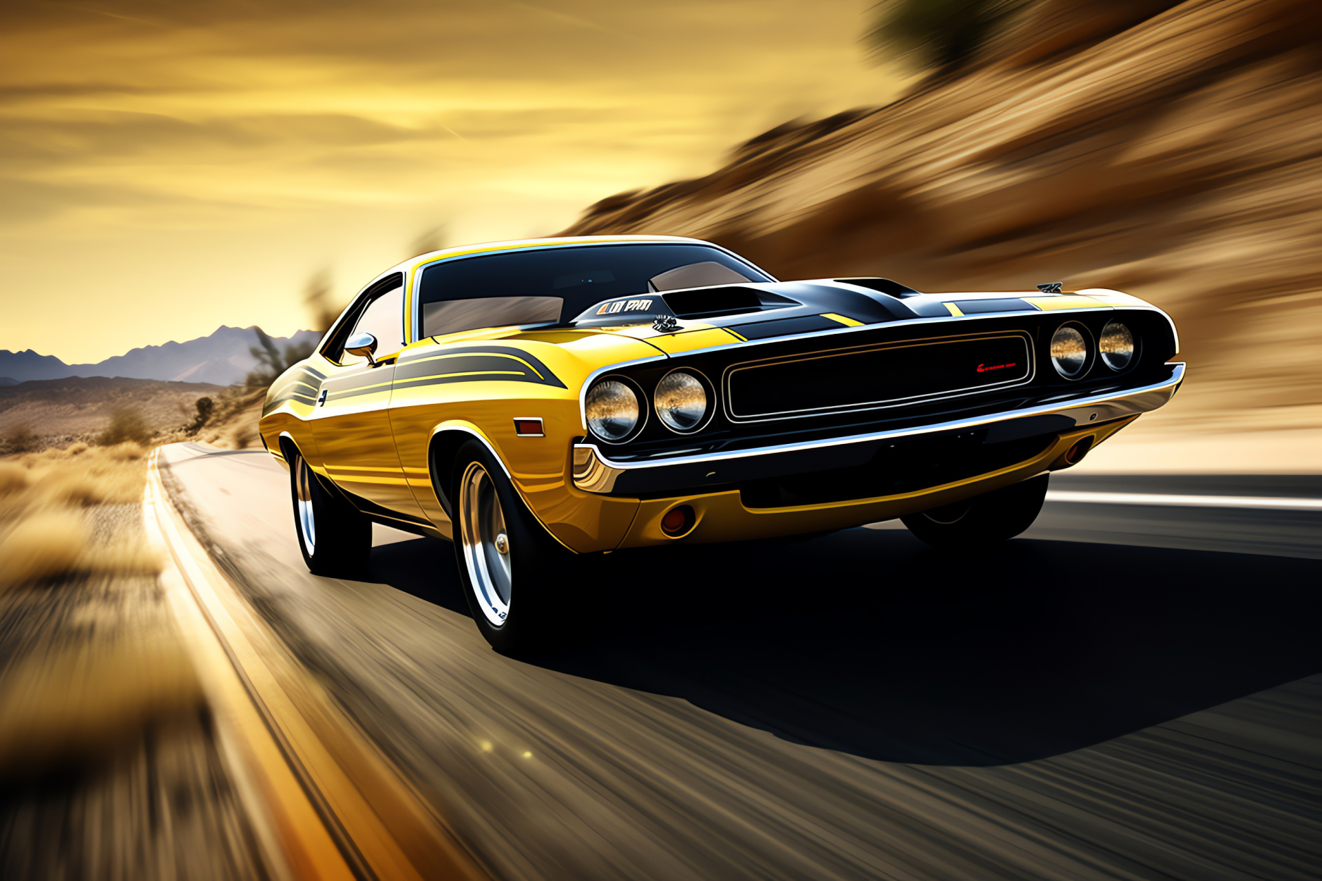 Muscle Cars in desert, High-contrast vehicle, Yellow-black color scheme, Roadway side shot, Barren landscape drive, HD Desktop Image