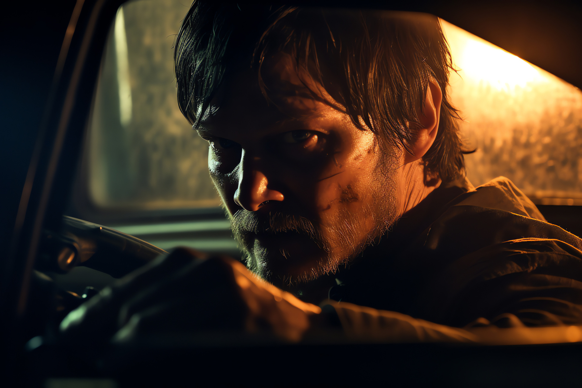 Hollywood actor Reedus, Heist film scene, Adrenaline rush, Vehicle focus, Gunfire depiction, HD Desktop Image