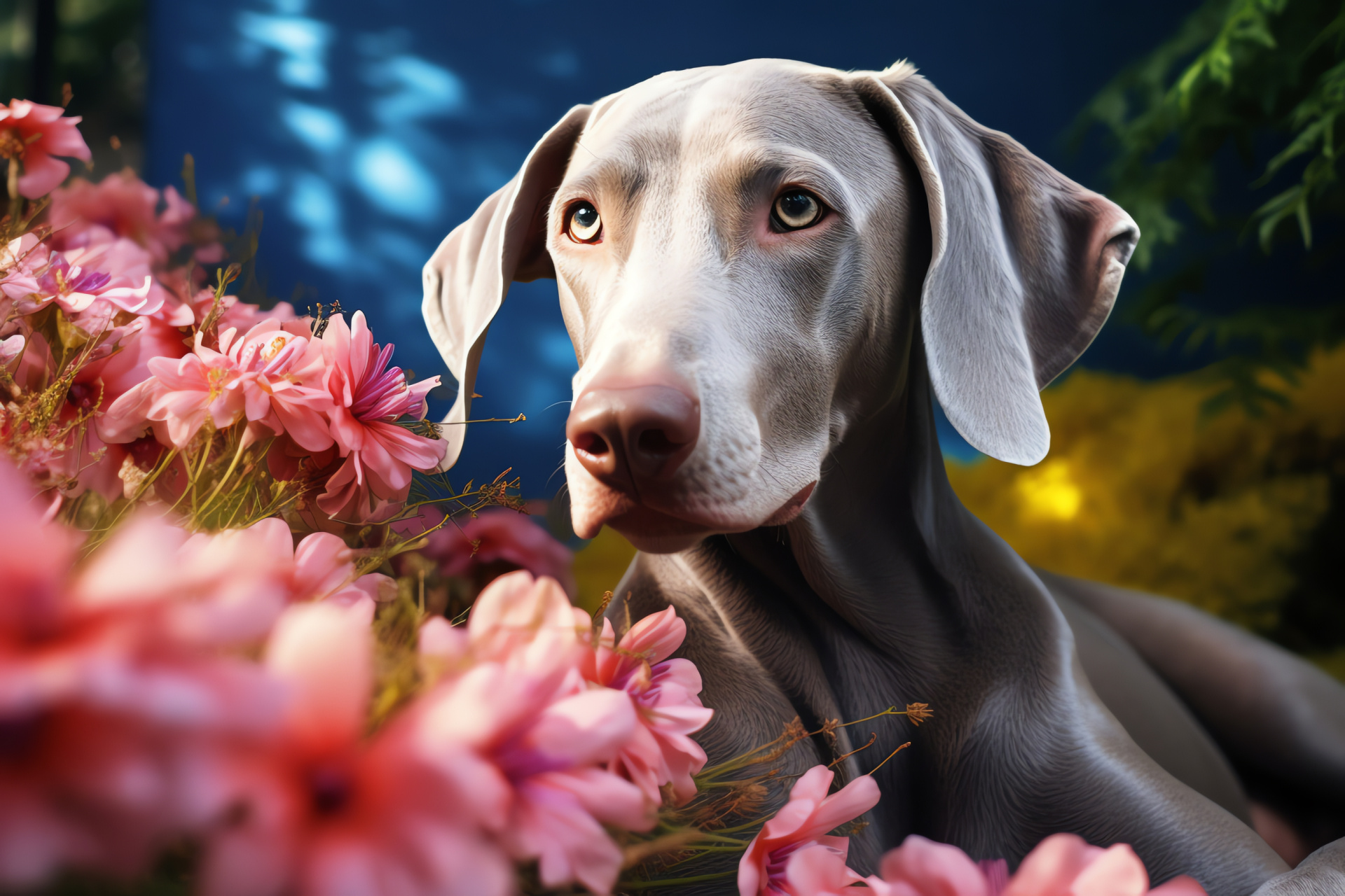 Weimaraner dog, Springtime setting, Pet photography, Natural light, Outdoor portrait, HD Desktop Wallpaper