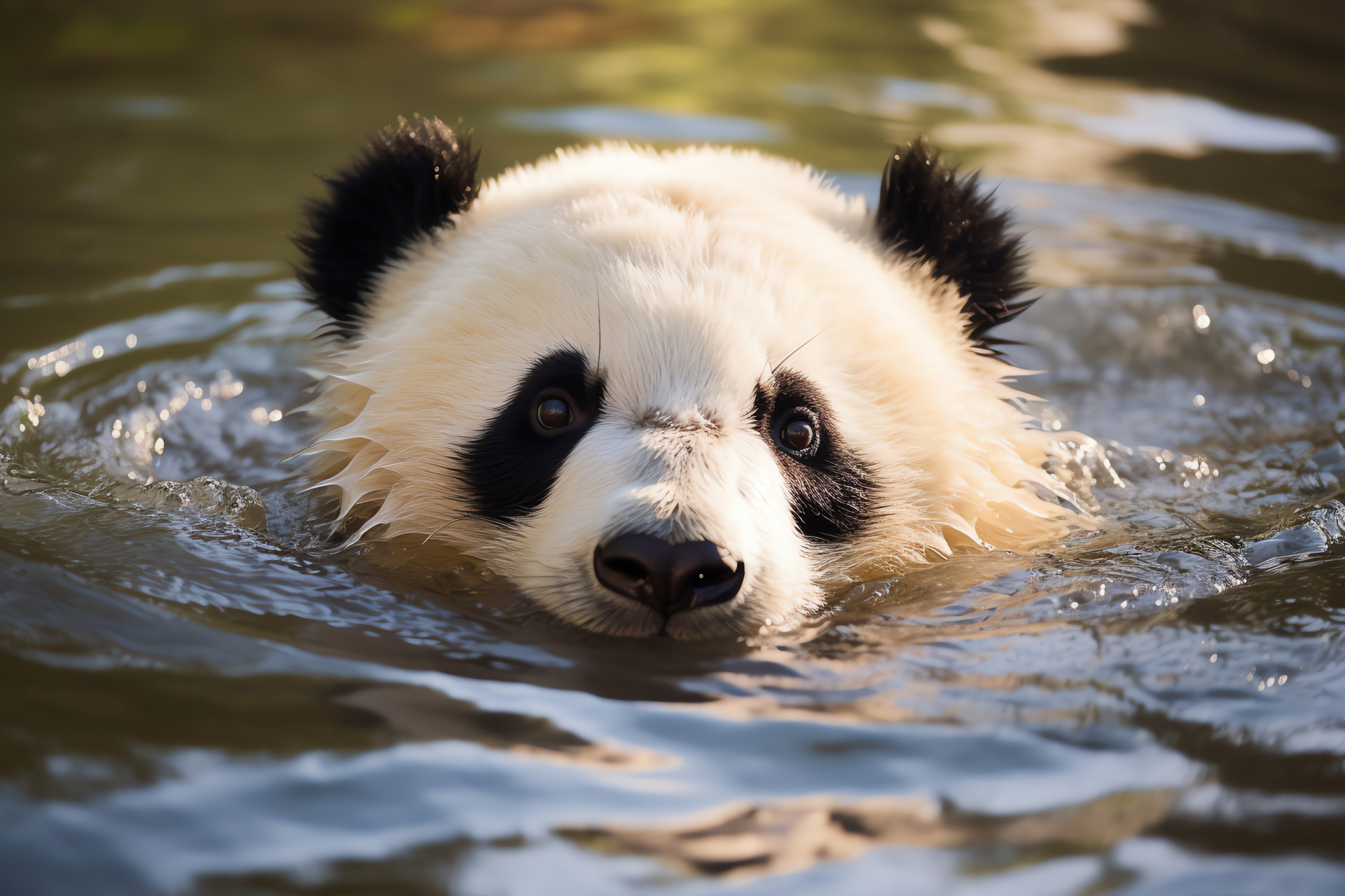 Bear aquatic leisure, Giant Panda delight, Golden-white fur contrast, Riverbank leisure, Overhead Panda view, HD Desktop Image