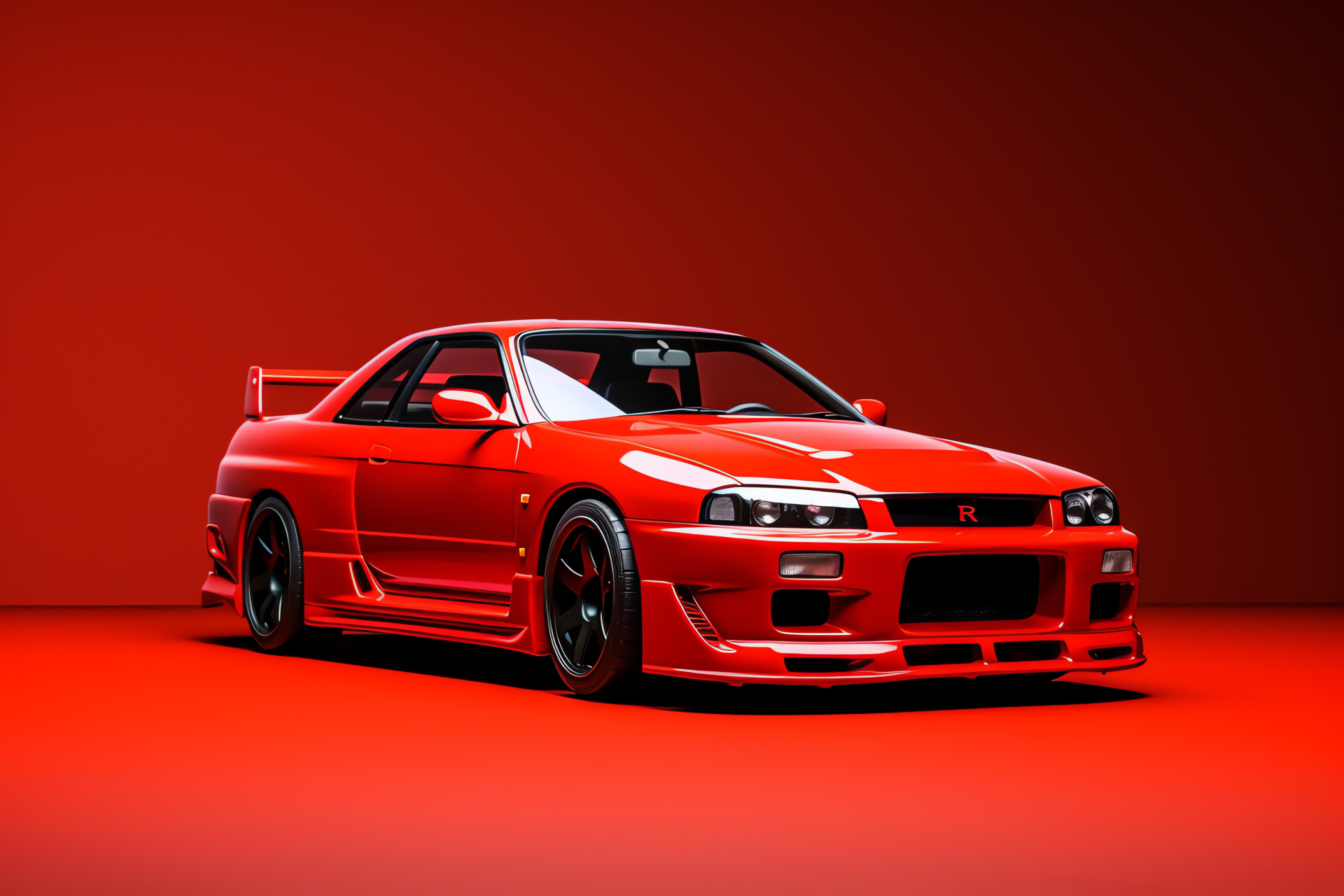 Nissan Skyline GTR R33 1995, Elevated car view, Pure red simplicity, Automotive classic, Japanese design, HD Desktop Wallpaper