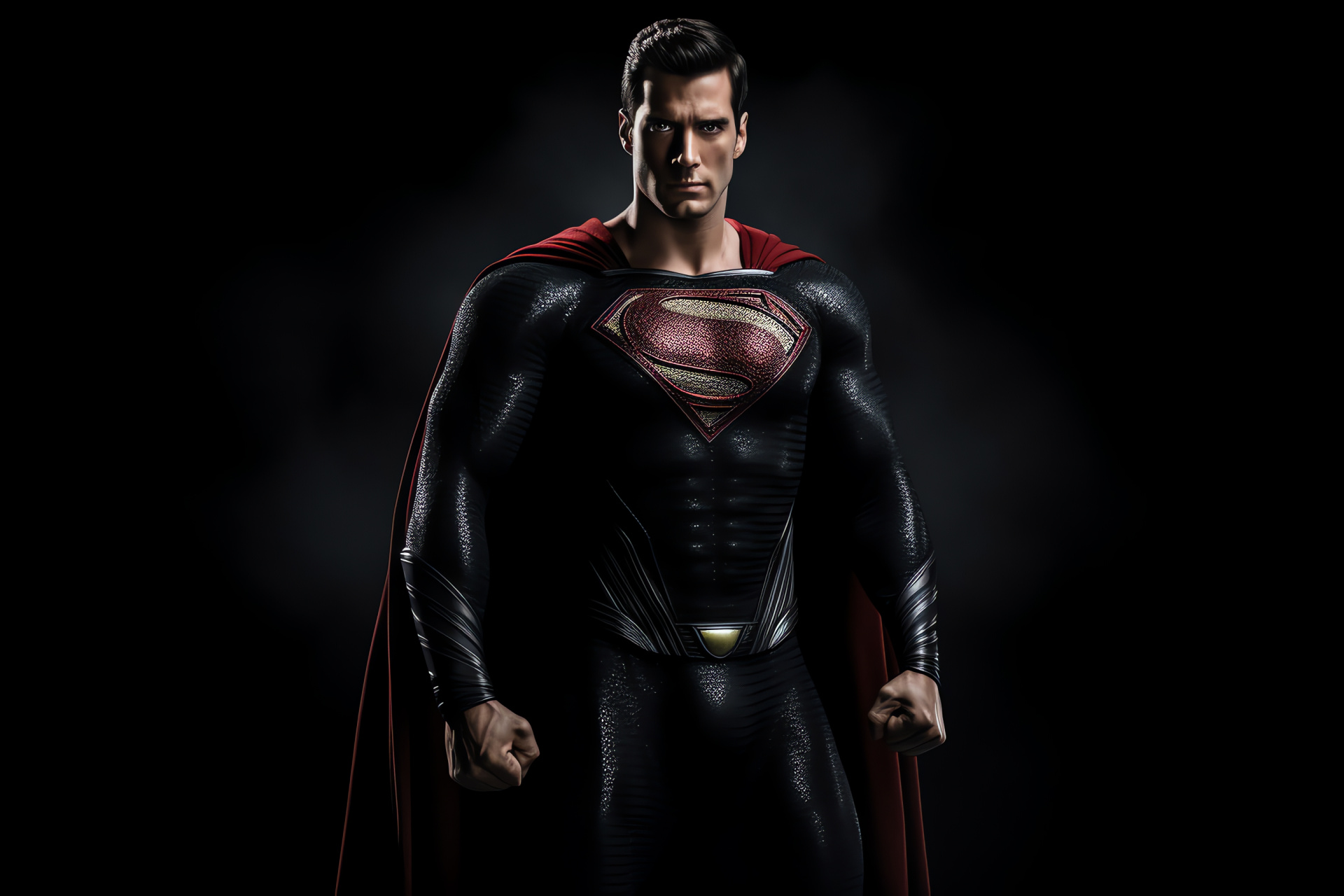 Comic hero Superman, Superhero stance, Charismatic grin, Crystal clear eyes, Stark contrast setting, HD Desktop Image