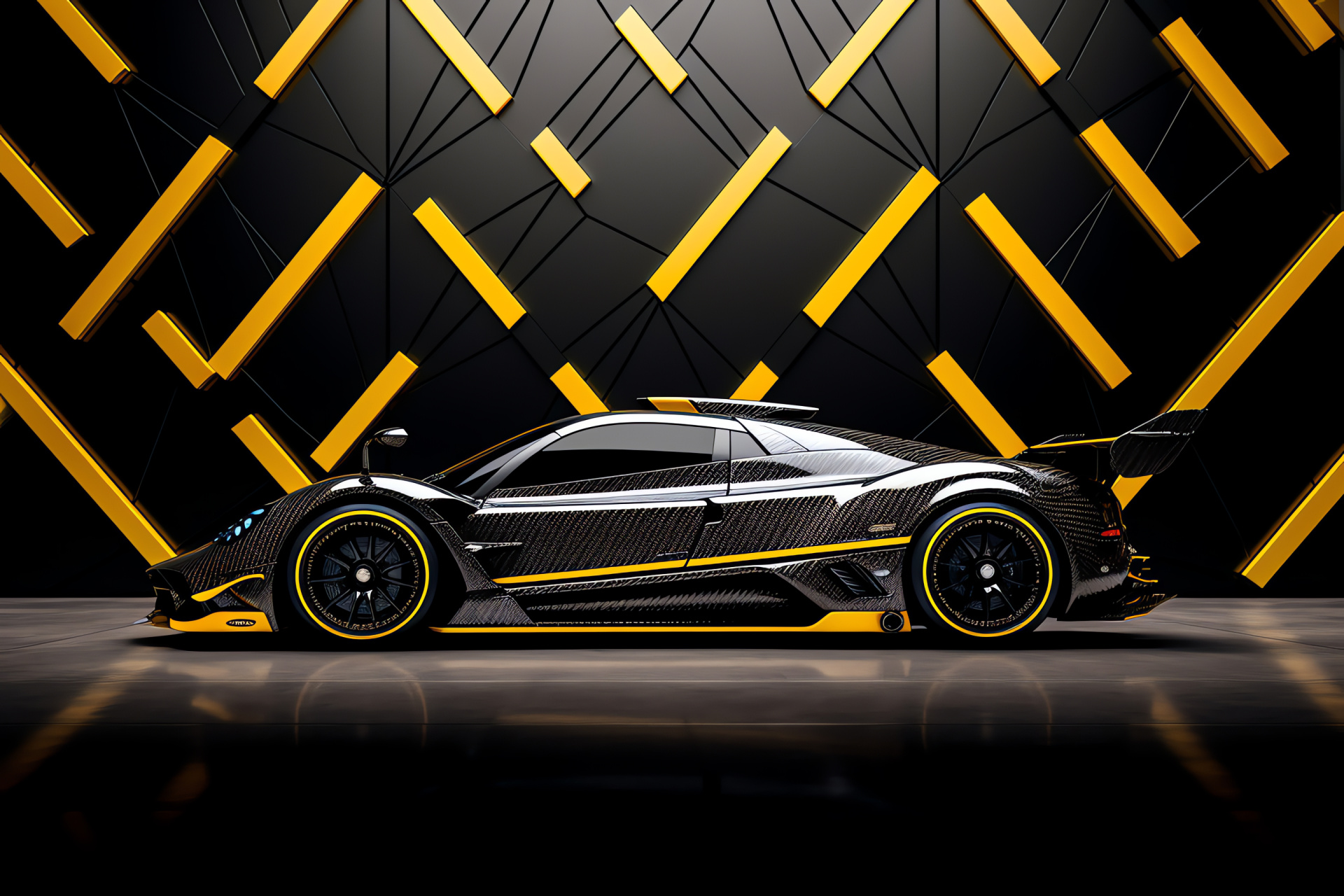 Pagani Zonda F artistry, Abstract pattern display, Black and yellow drama, Supercar bold statement, Italia zest, HD Desktop Wallpaper