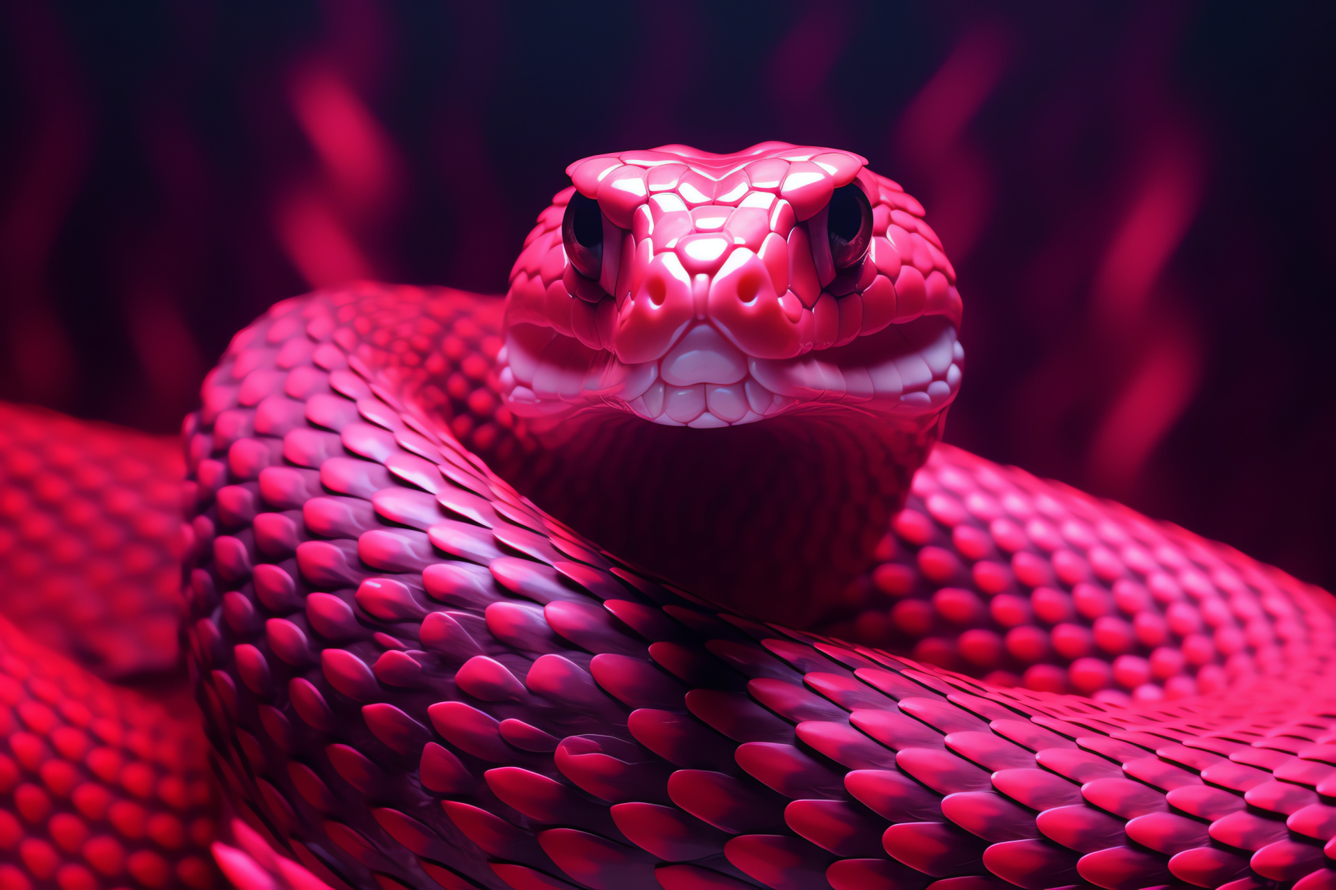 Slithering serpent, neon glimmer, reptilian pink hues, vivid visual impact, dynamic creature, HD Desktop Image
