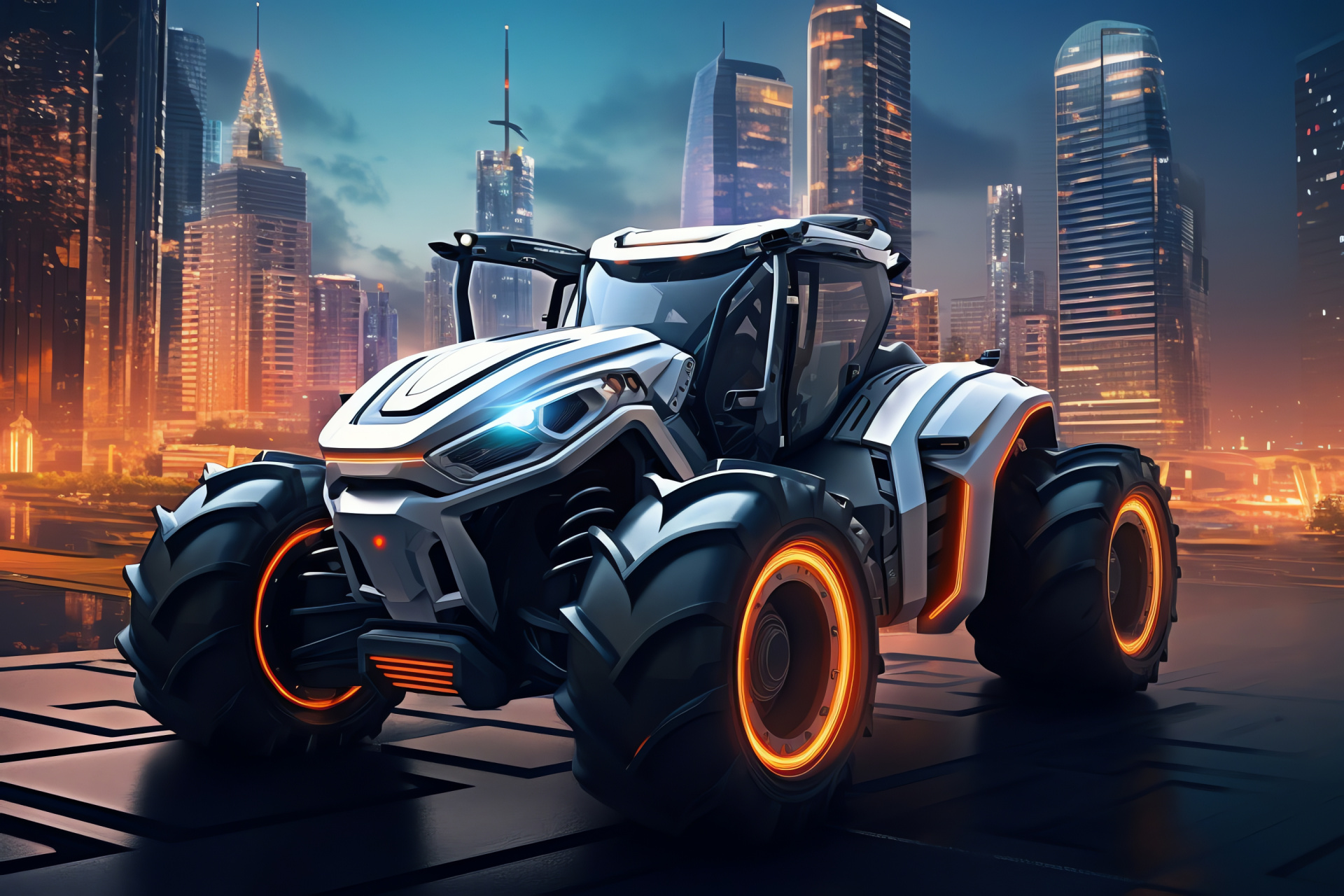 AGCO MT975E tractor, Futuristic urban landscape, Skyscrapers dominance, Agricultural machine innovation, Metropolis agriculture, HD Desktop Wallpaper