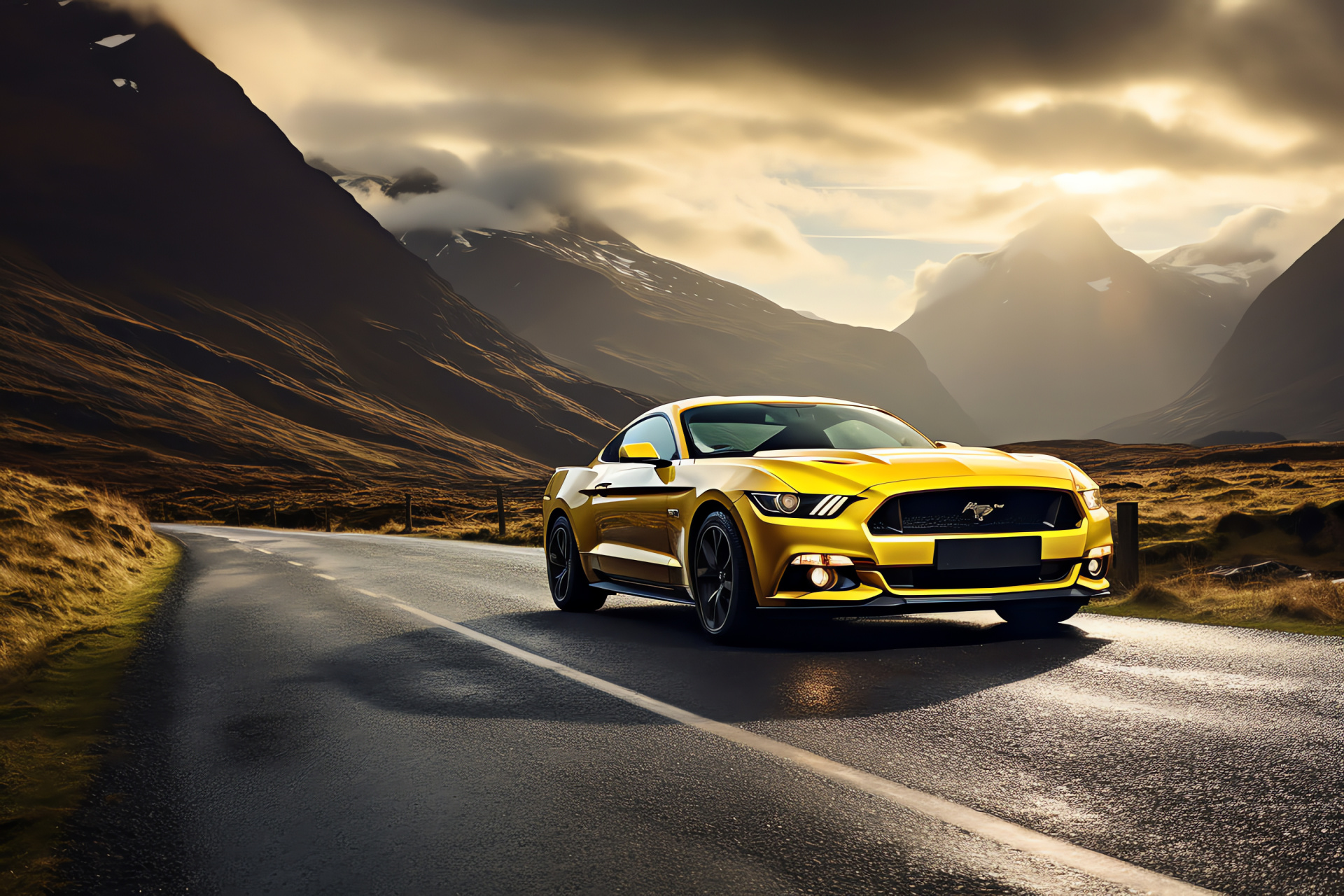 Mustang HD, Highlands of Scotland, Curvy roads, Grand mountains, Scenic water bodies, HD Desktop Image