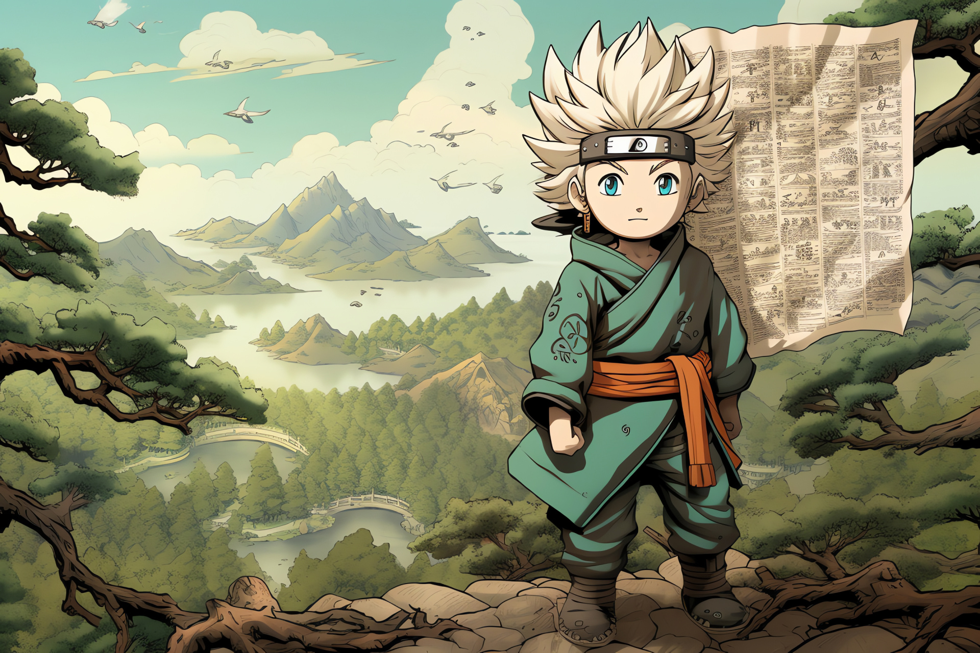 Chibi Jiraiya, Legendary Sannin, mountain scenery, wilderness backdrop, ninja scroll, HD Desktop Image