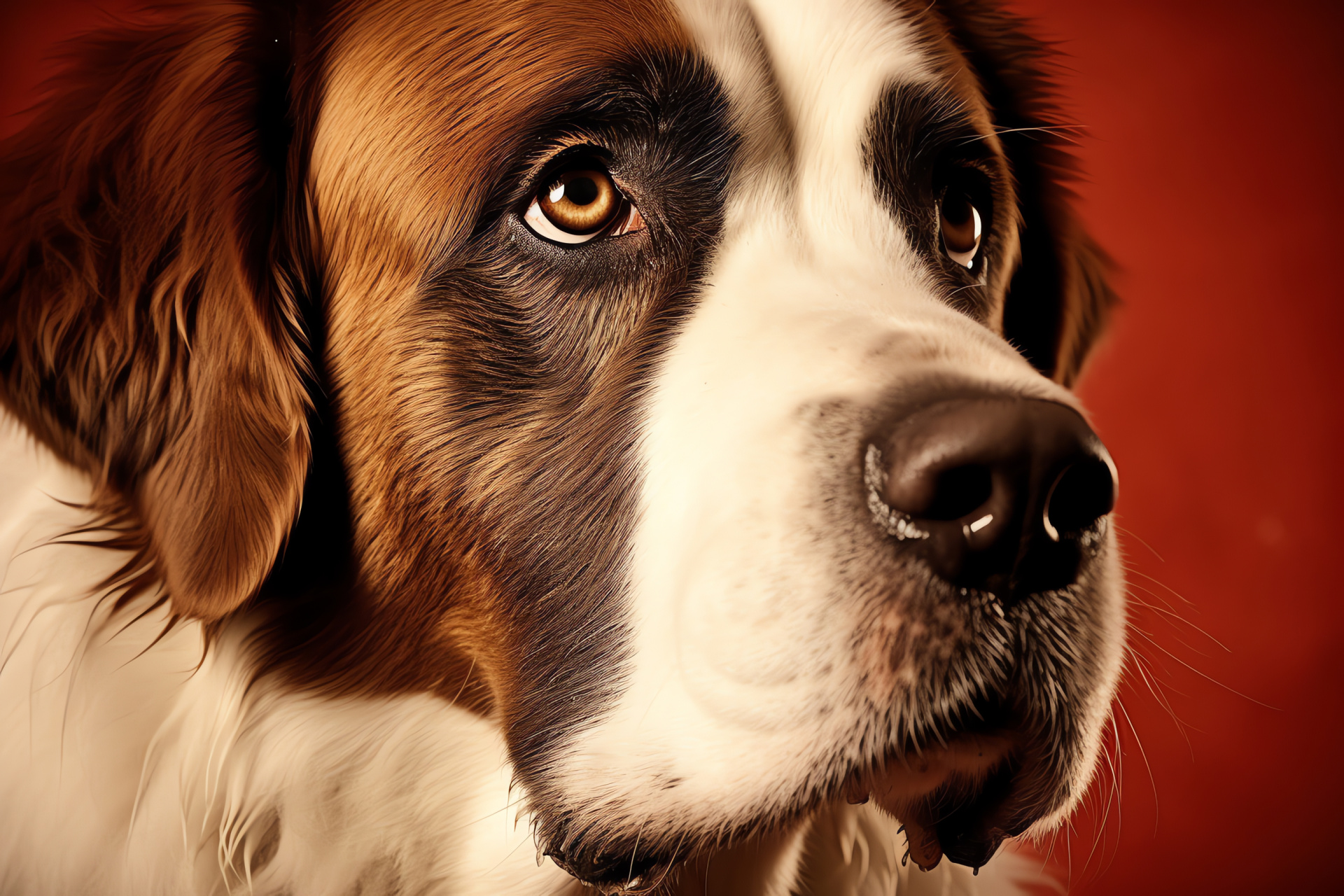 Gentle giant St. Bernard, Expressive eyes, Fur texture, Canine companion, Red background contrast, HD Desktop Wallpaper