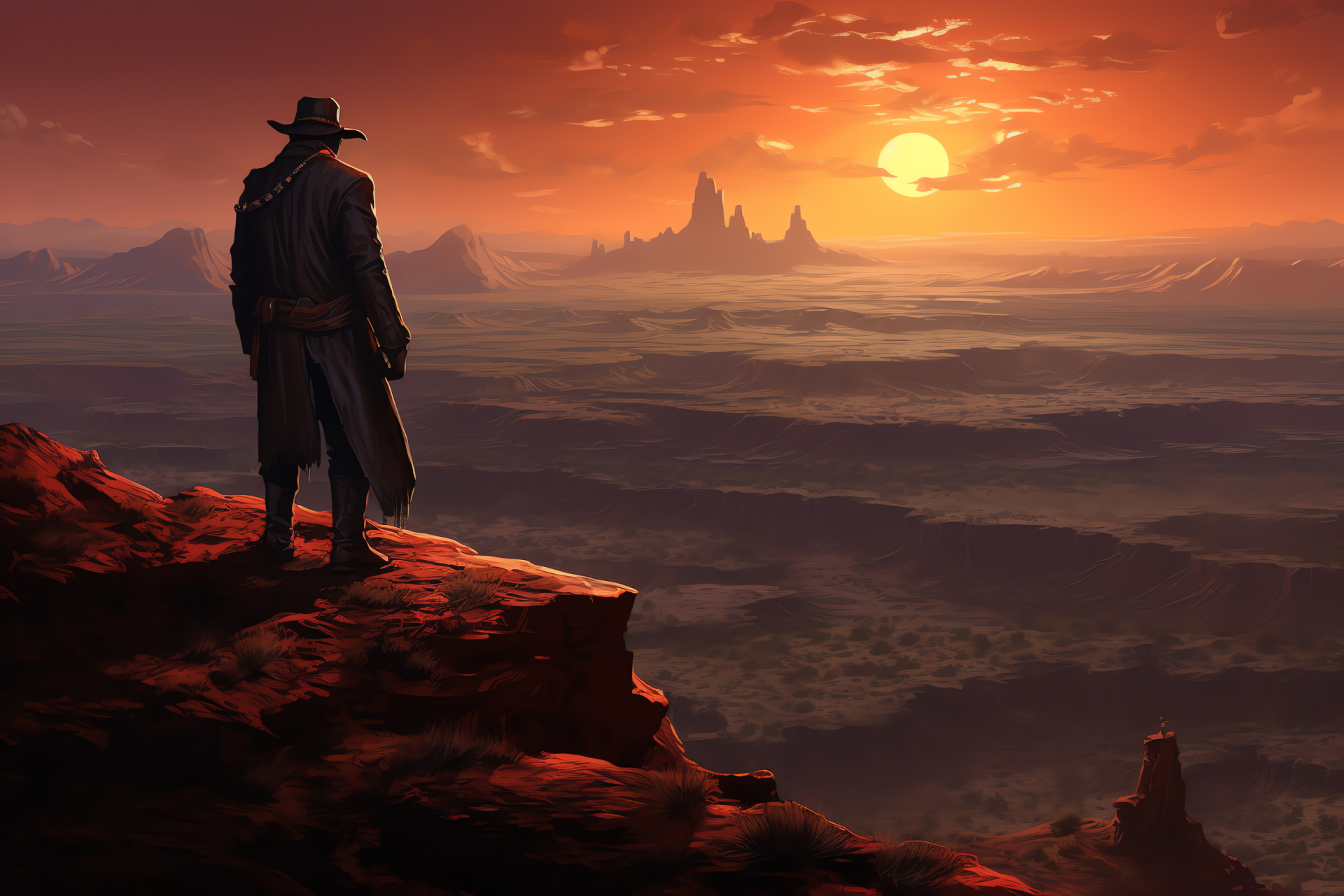 Red Dead Redemption landscape, Lone cowboy silhouette, Rocky desert outcrop, Harsh winds effect, Wild West atmosphere, HD Desktop Image