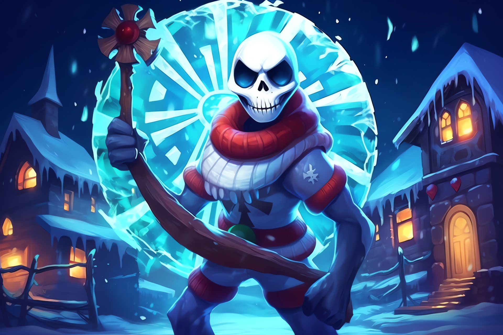 Undertale Papyrus, Festive mood, Lighthearted RPG, Wintery location, Decorative scenery, HD Desktop Wallpaper