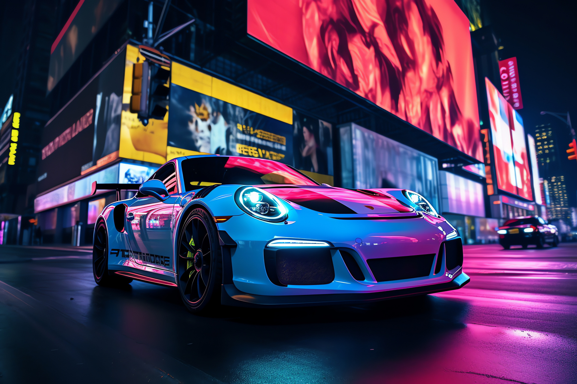 Porsche GT3 in NYC, Time-lit advertising, Iconic square setting, Night ambience, Urban energy, HD Desktop Image