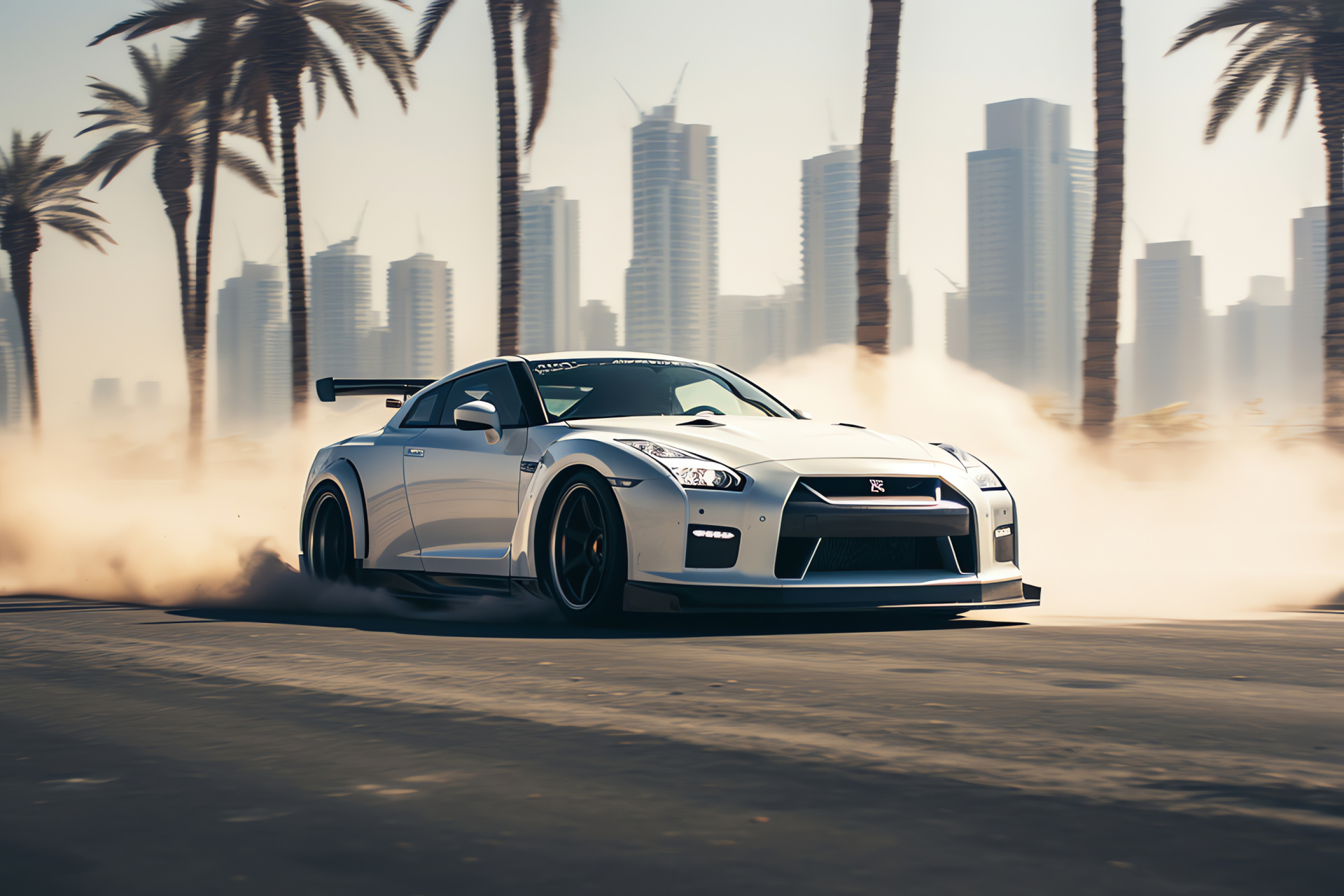 Nissan GTR HD, Dubai Palm Jumeirah Island, Drifting motorsport action, Luxury Emirati backdrop, High-end vehicle agility, HD Desktop Image