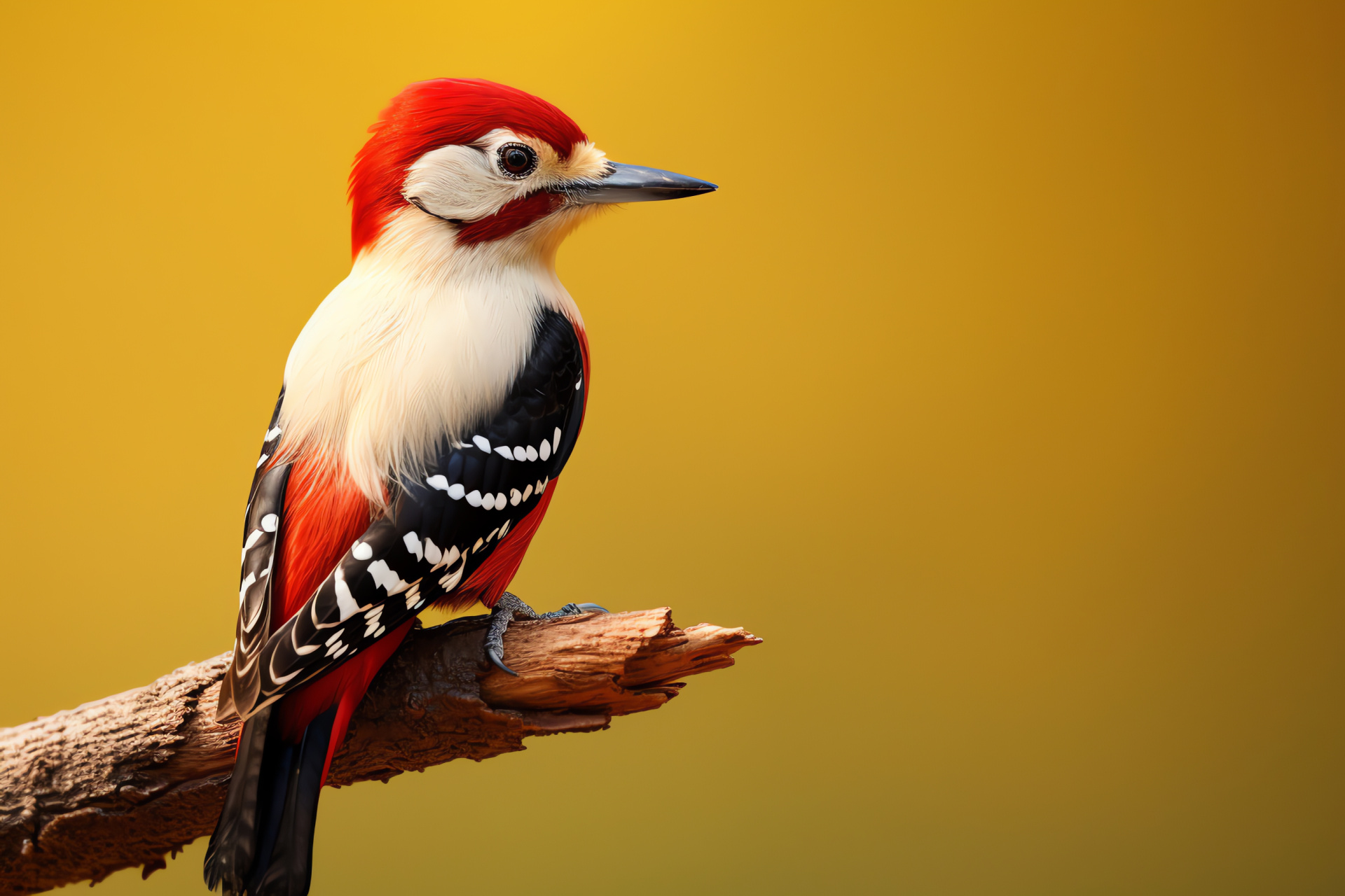 Bright Picidae species, red and alabaster bird coat, crimson void, sharp hue focal ornithology, visual impact, HD Desktop Wallpaper