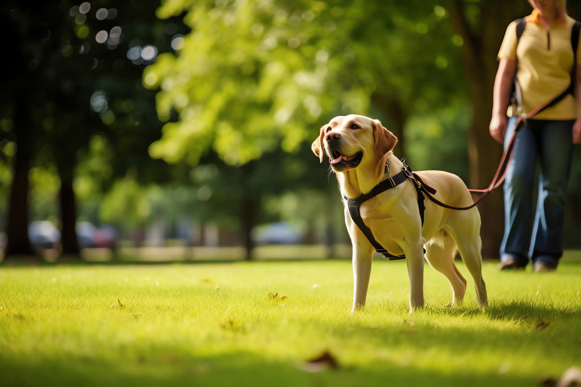 Yellow Lab canine, guide dog skill, sentient expression, meticulous coat, vibrant foliage surround, HD Desktop Wallpaper