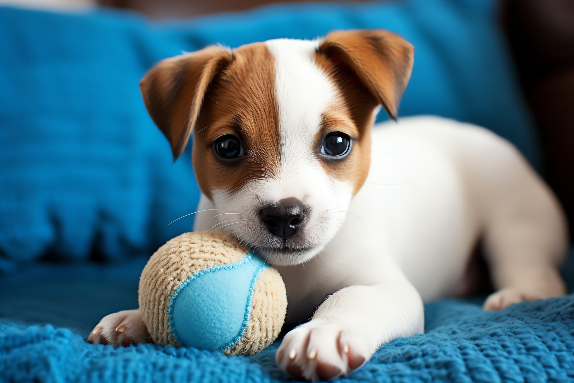 Teacup Jack Russell Terrier, bi-color coat, piercing blue eyes, vibrant young pup, pet portrait, HD Desktop Image