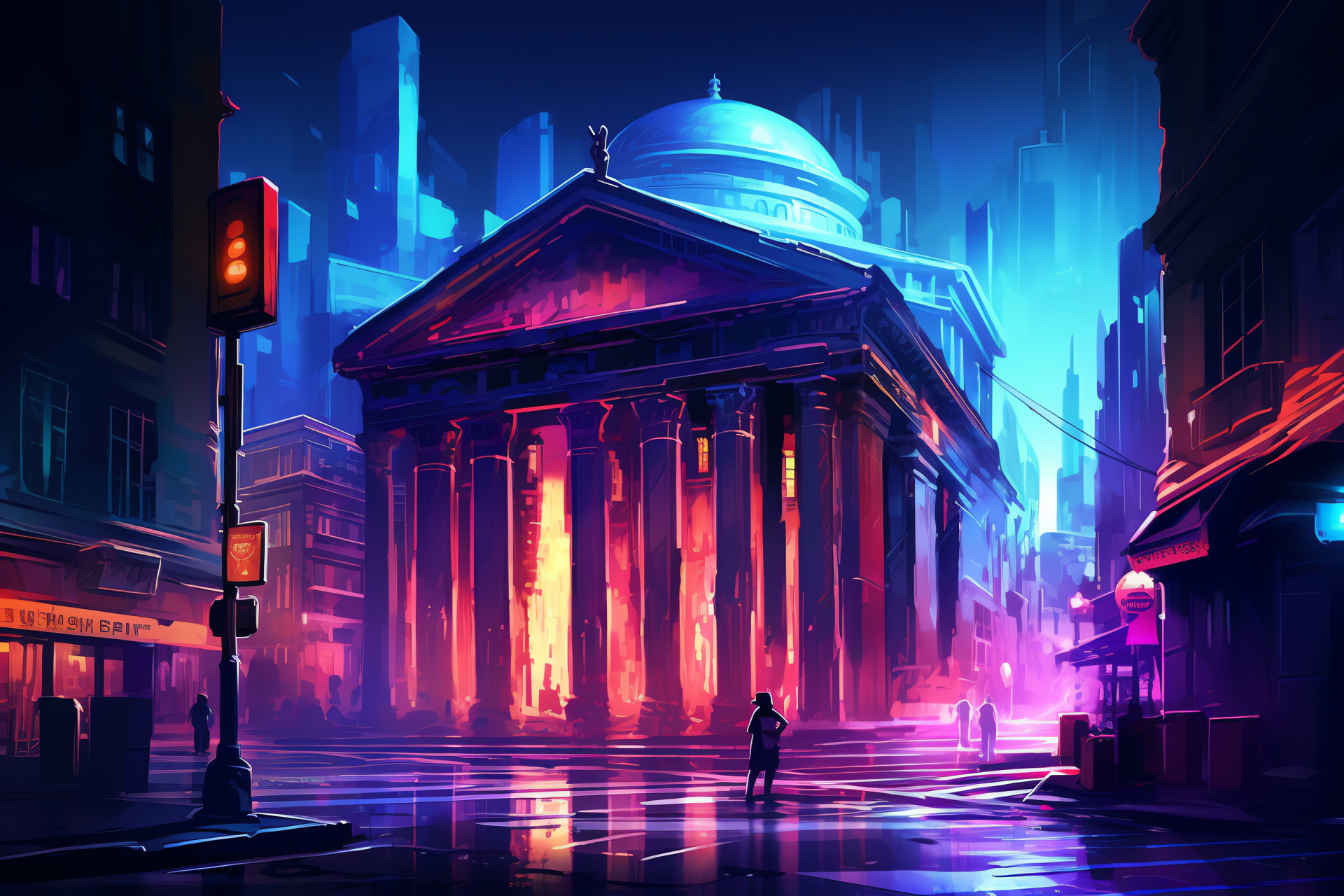 Pantheon digital explorers, Futuristic city composition, Neon illumination, Virtual metropolis, Architectural marvel, HD Desktop Wallpaper