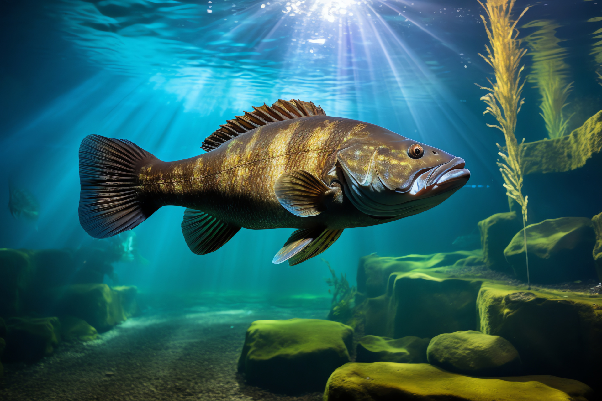 Freshwater habitats, Aquatic bass, River fishing, Underwater vegetation, Nature's angler, HD Desktop Image