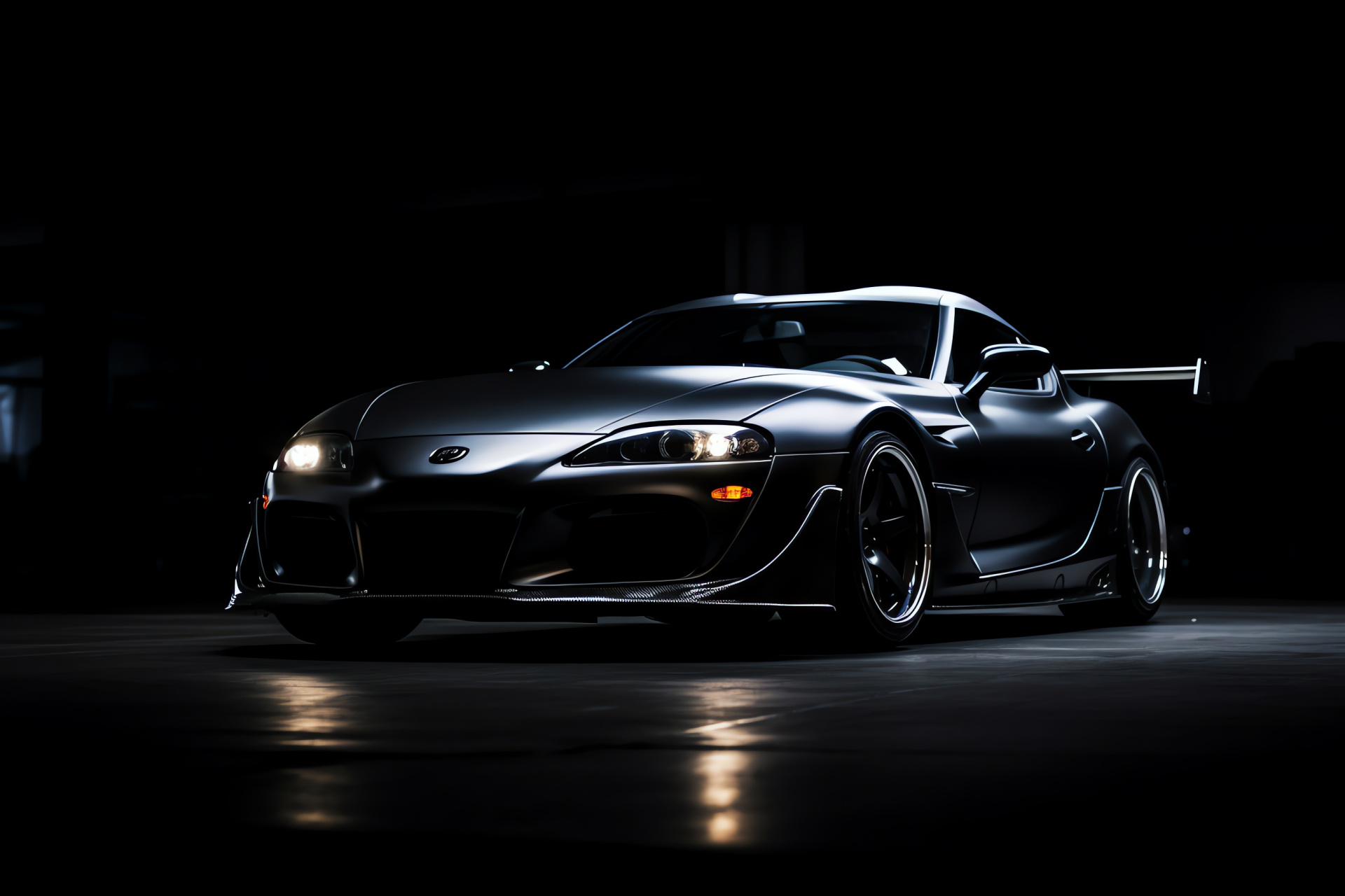 Toyota Supra silhouette, Subdued styling, Black aesthetic simplicity, Race-bred stance, Aerodynamic sports car, HD Desktop Wallpaper