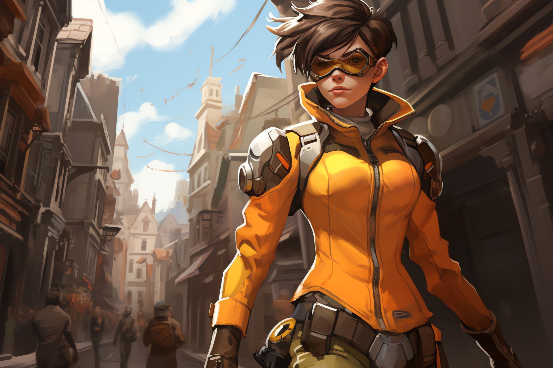 Tracer, Overwatch sharpshooter, Traditional London area, Dual blasters, Gothic structures, HD Desktop Image
