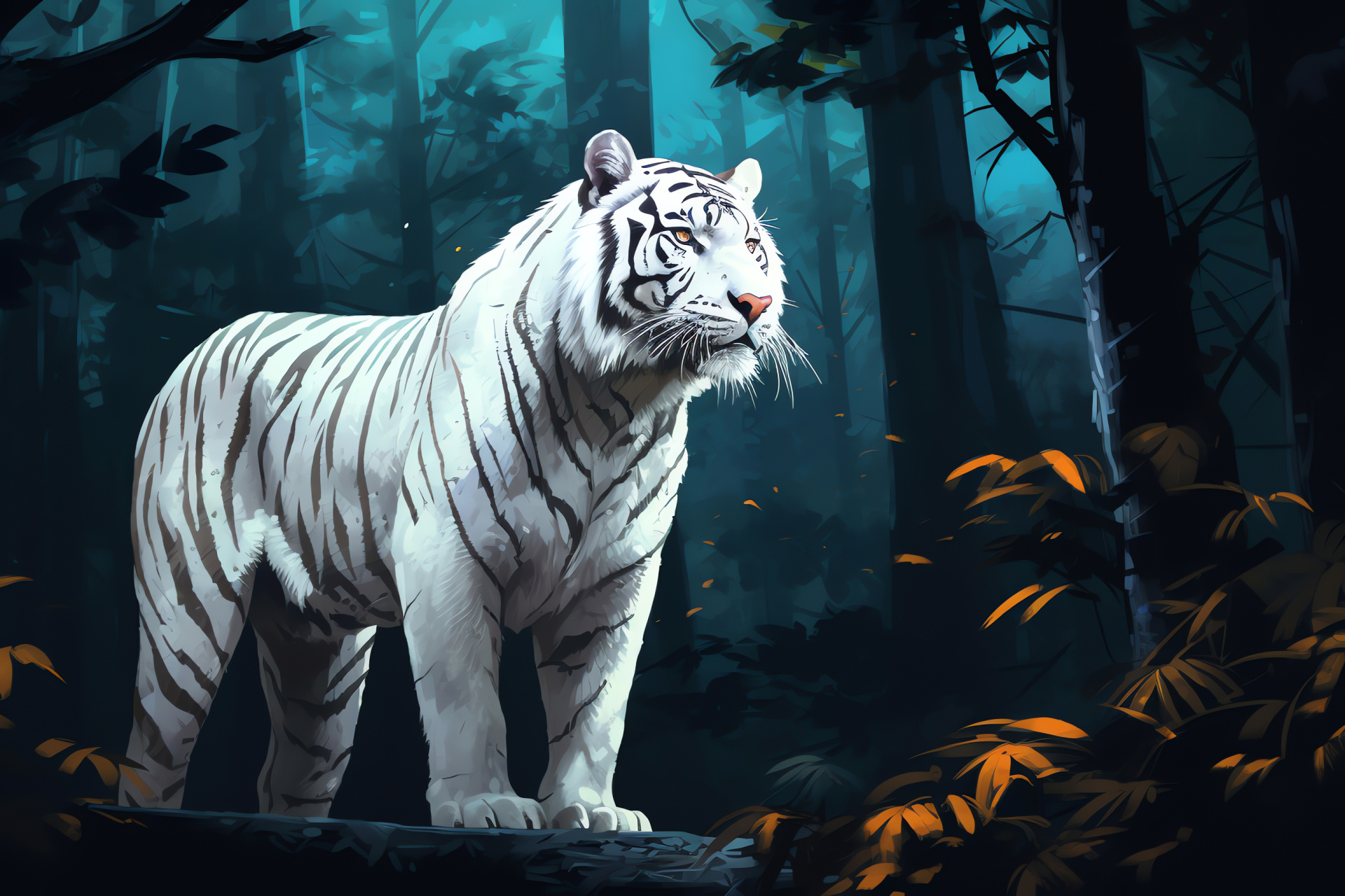 Nighttime striped feline, Silvery feline stare, Panthera tigris, Lunar-lit grove, Creature of the night, HD Desktop Wallpaper