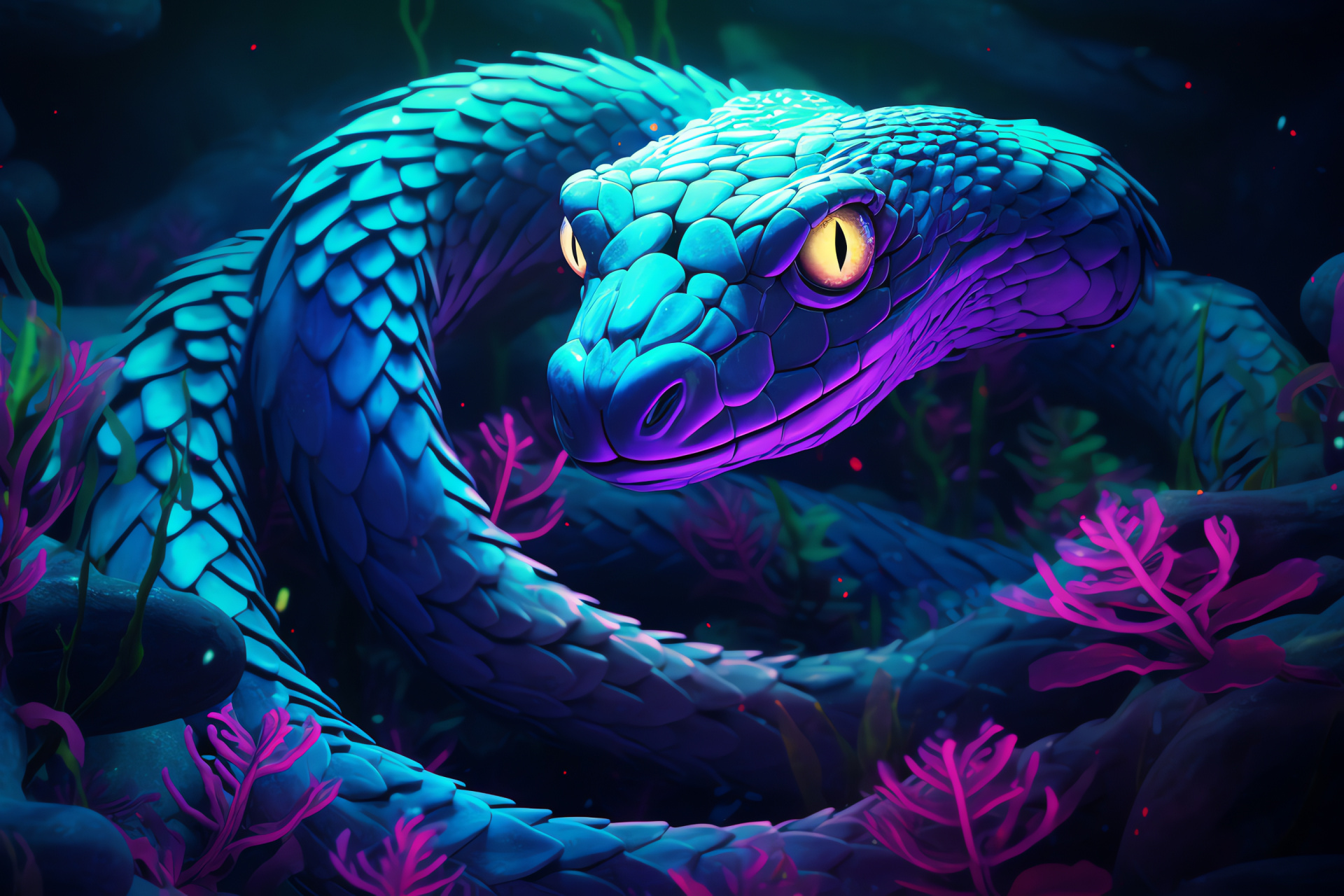 Aquatic serpent, neon-lit reptile, coral reef explorer, undersea habitat, vibrant visuals, HD Desktop Image