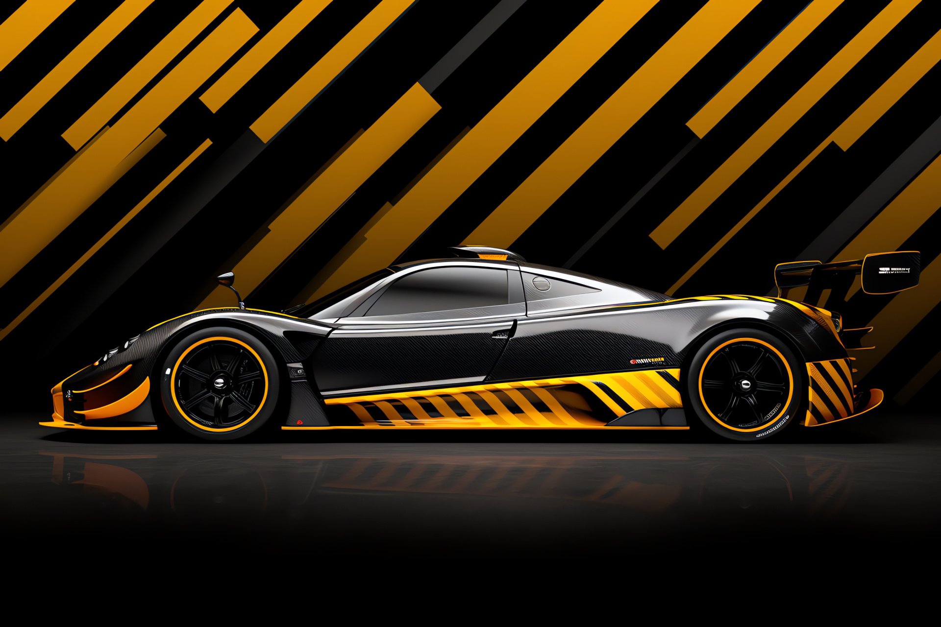 Pagani Zonda F Geometry, High-contrast backdrop, Midnight yellow, Luxury performance, Motorcar art, HD Desktop Image