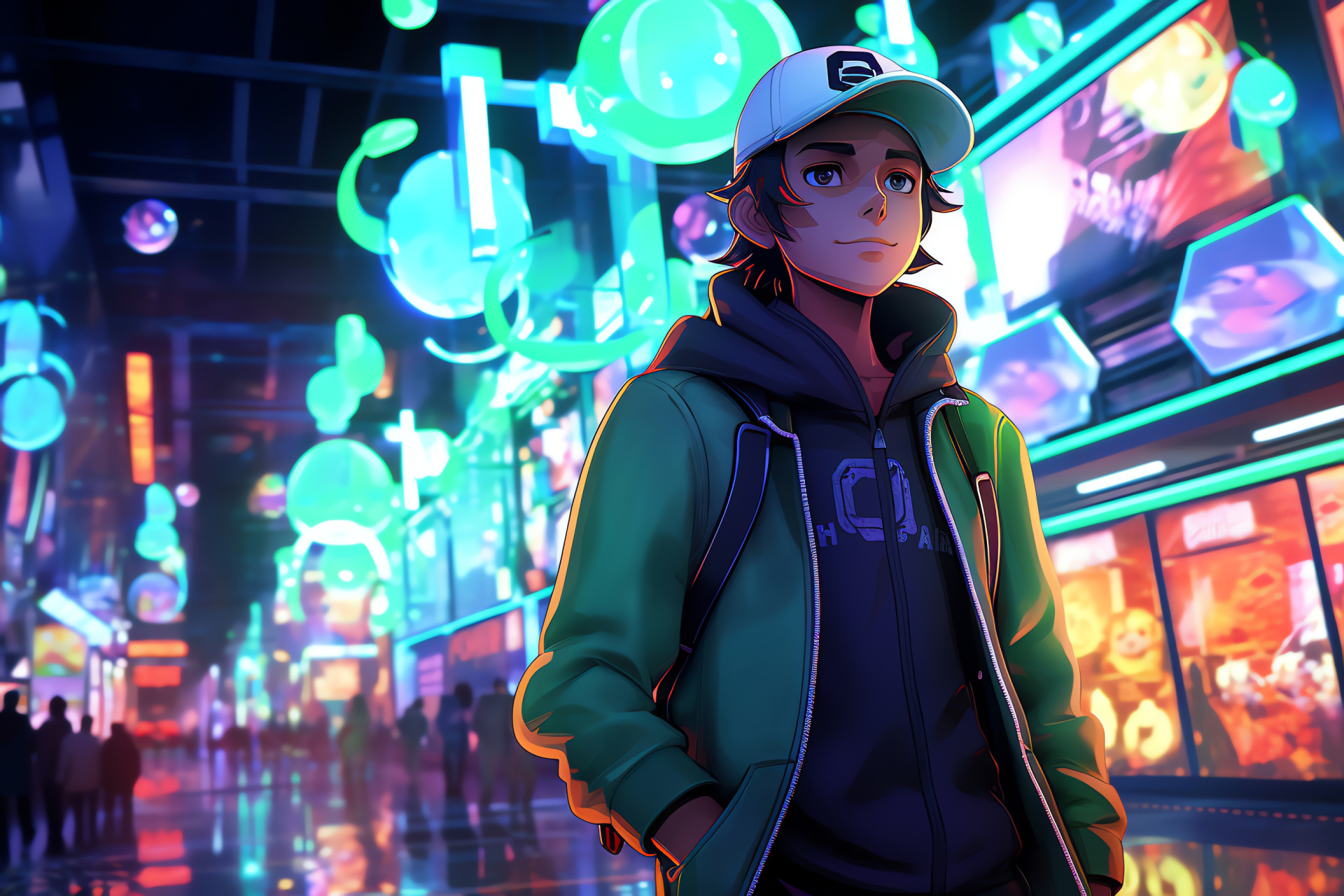 Pocket monsters in Celadon, Neon-lit cityscape, Main series location, Enthusiastic trainers, Pokemon universe, HD Desktop Wallpaper