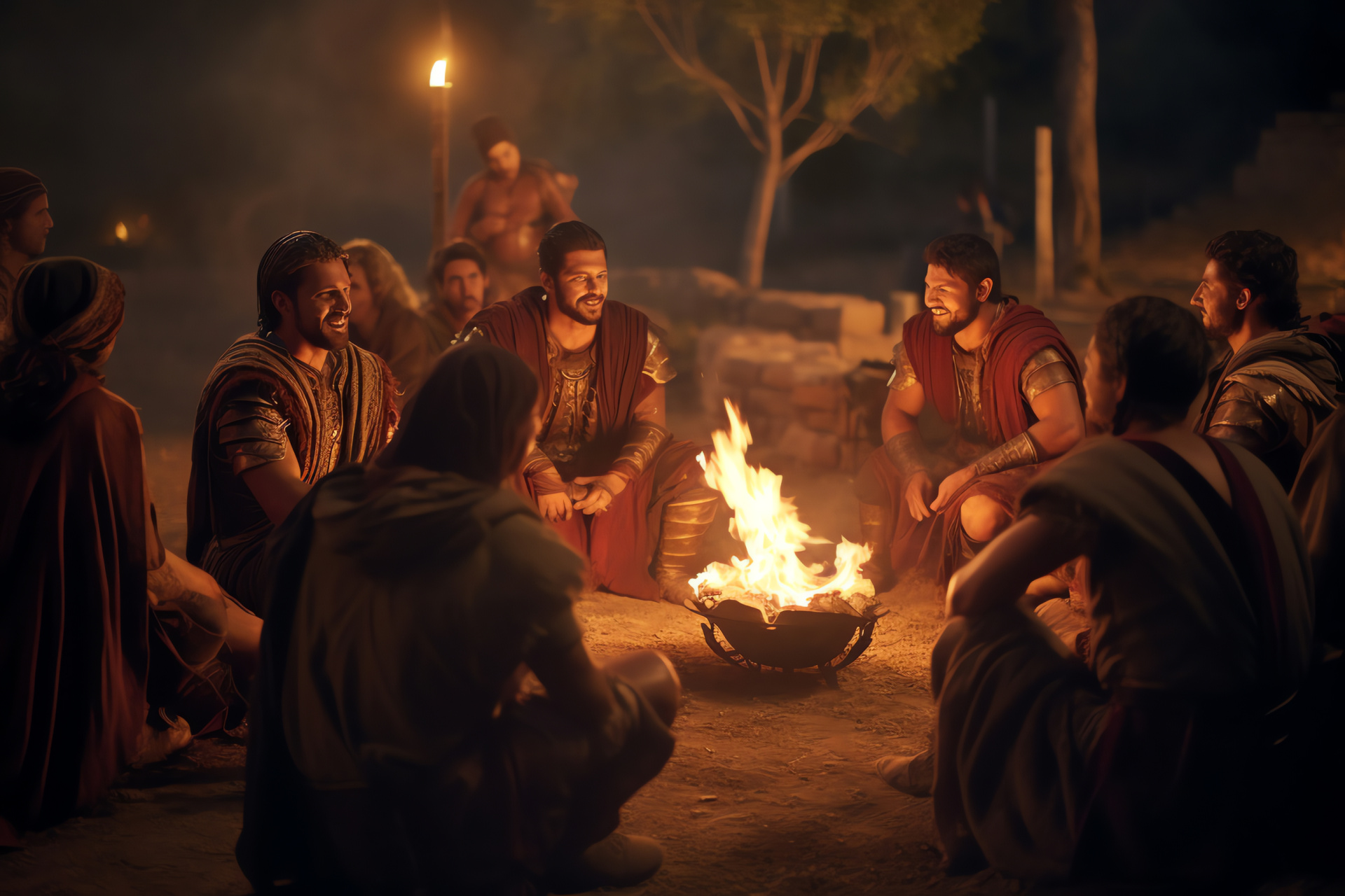 Spartacus TV series, Rebellion theme, Nighttime gathering, Glowing campfire, Dramatic scene, HD Desktop Wallpaper