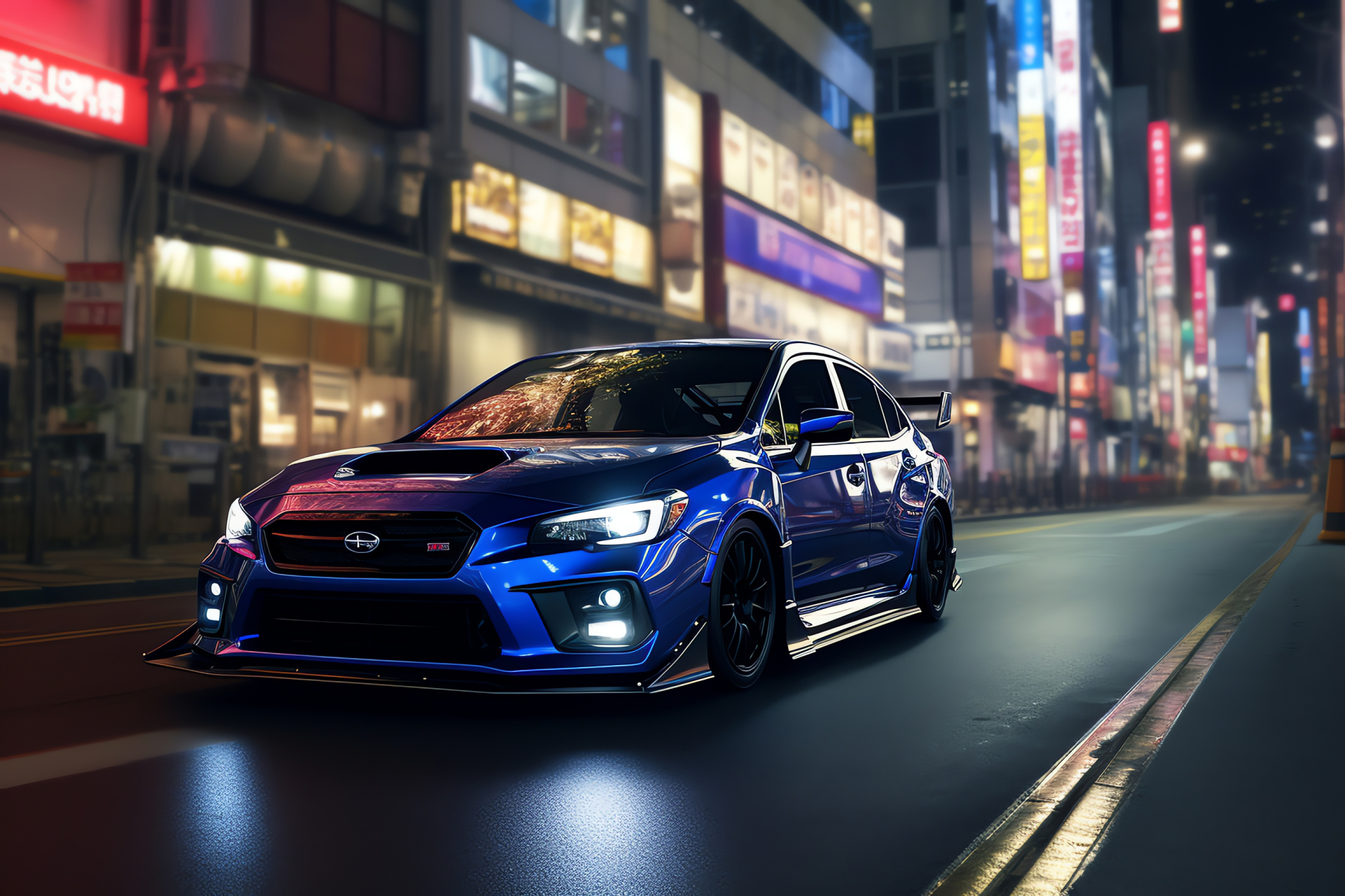 Subaru WRX STI Type RA-R, Tokyo ambiance, high-octane sedan, turbocharged automotive power, aerodynamic silhouette design, HD Desktop Wallpaper