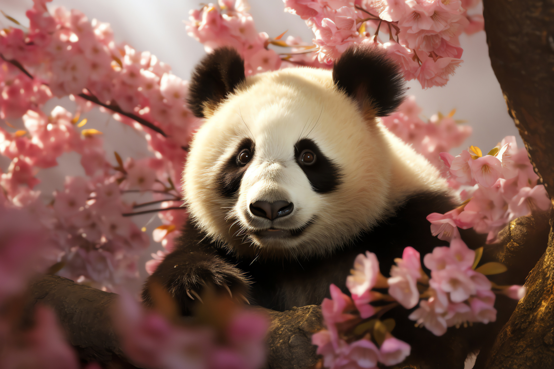 Panda, fluffy texture, red eyes, outdoor leisure, distinctive patches, HD Desktop Wallpaper