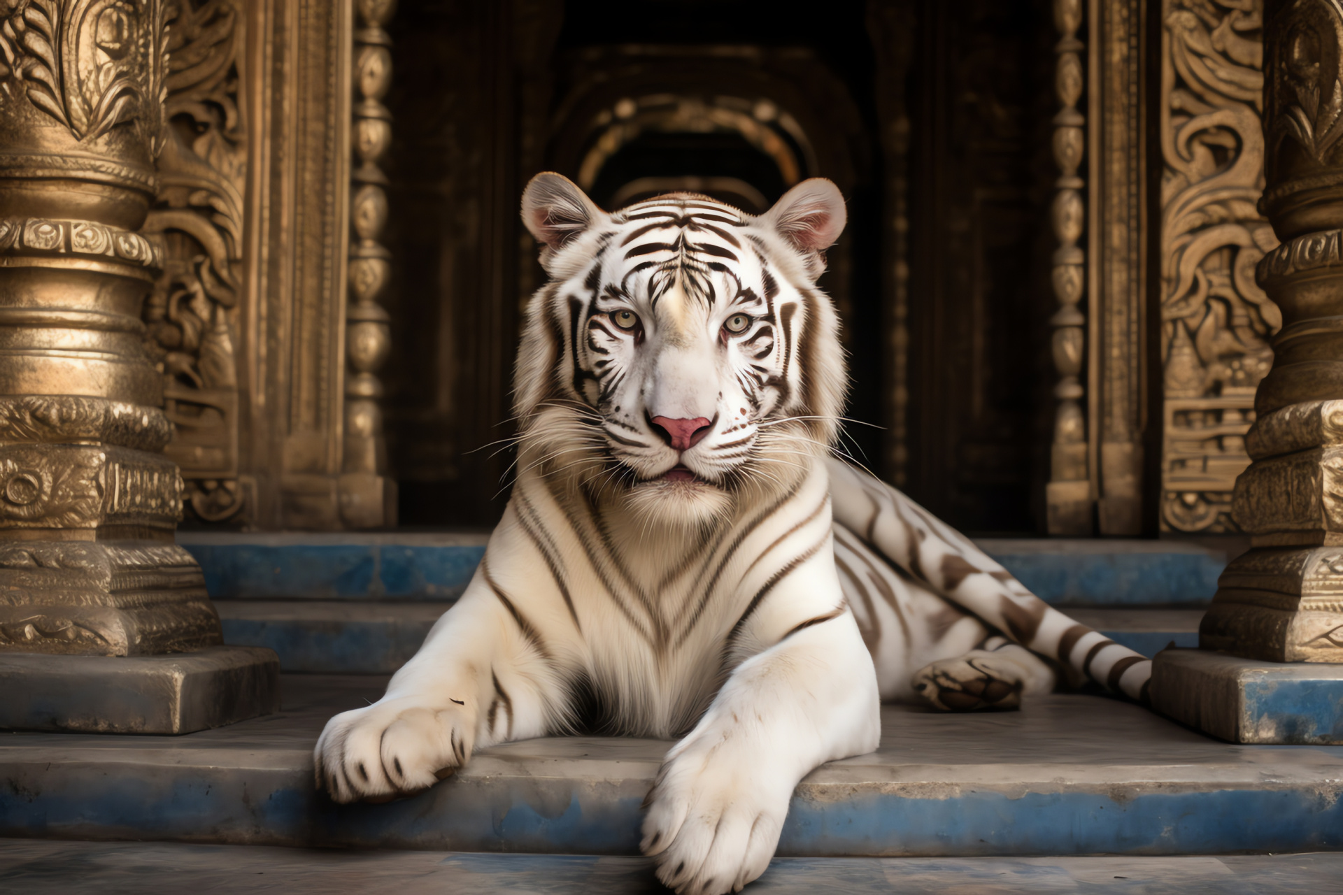 White Tiger, Sapphire gaze, Arctic pelage, Southeast Asian temples, Siam heritage, HD Desktop Wallpaper