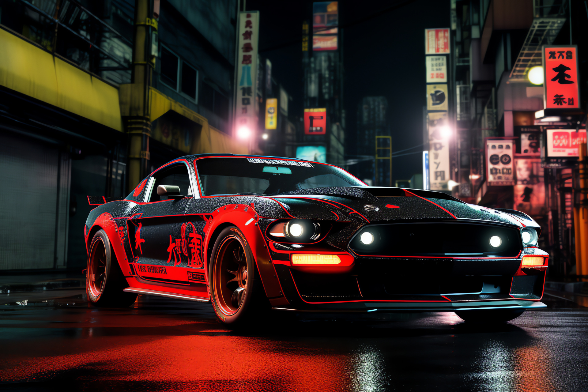 Mustang in Tokyo, Urban drift racing, City life illumination, Iconic skyline, Japanese night scene, HD Desktop Wallpaper