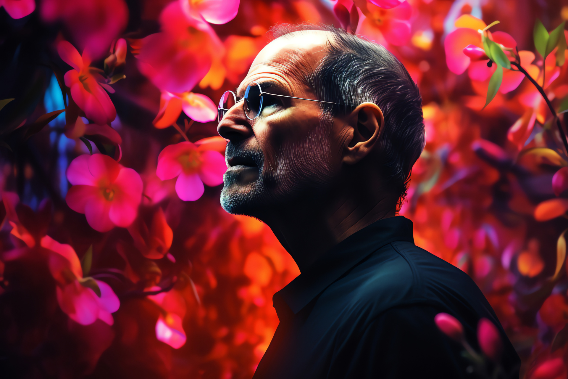 Steve Jobs, Technology garden, Botanical backdrop, Professional casualness, Fresh flora, HD Desktop Wallpaper