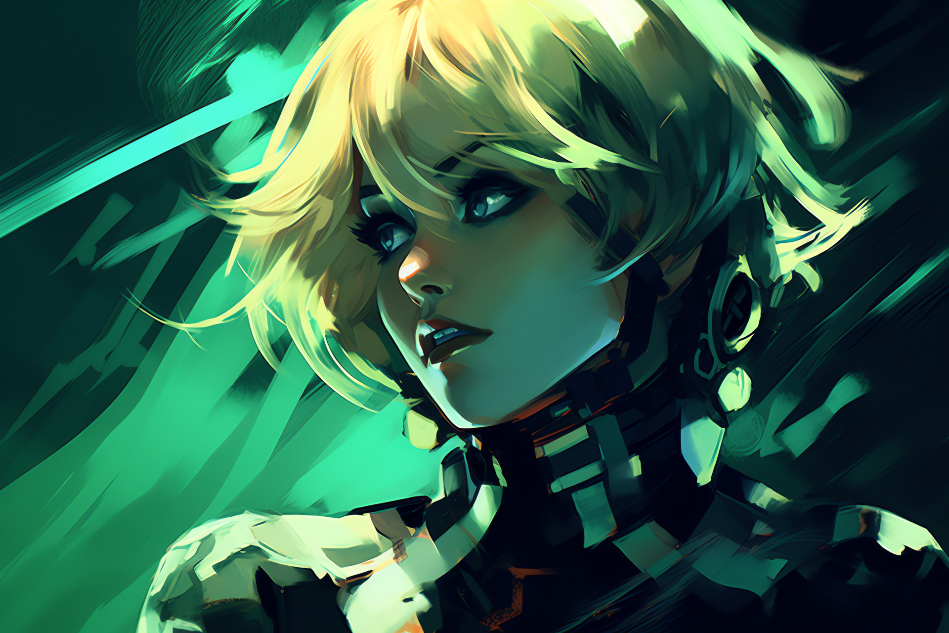 Aigis from Persona 3, Dark Hour ambiance, Green luminescence, Shadow adversaries, Tense atmosphere, HD Desktop Image