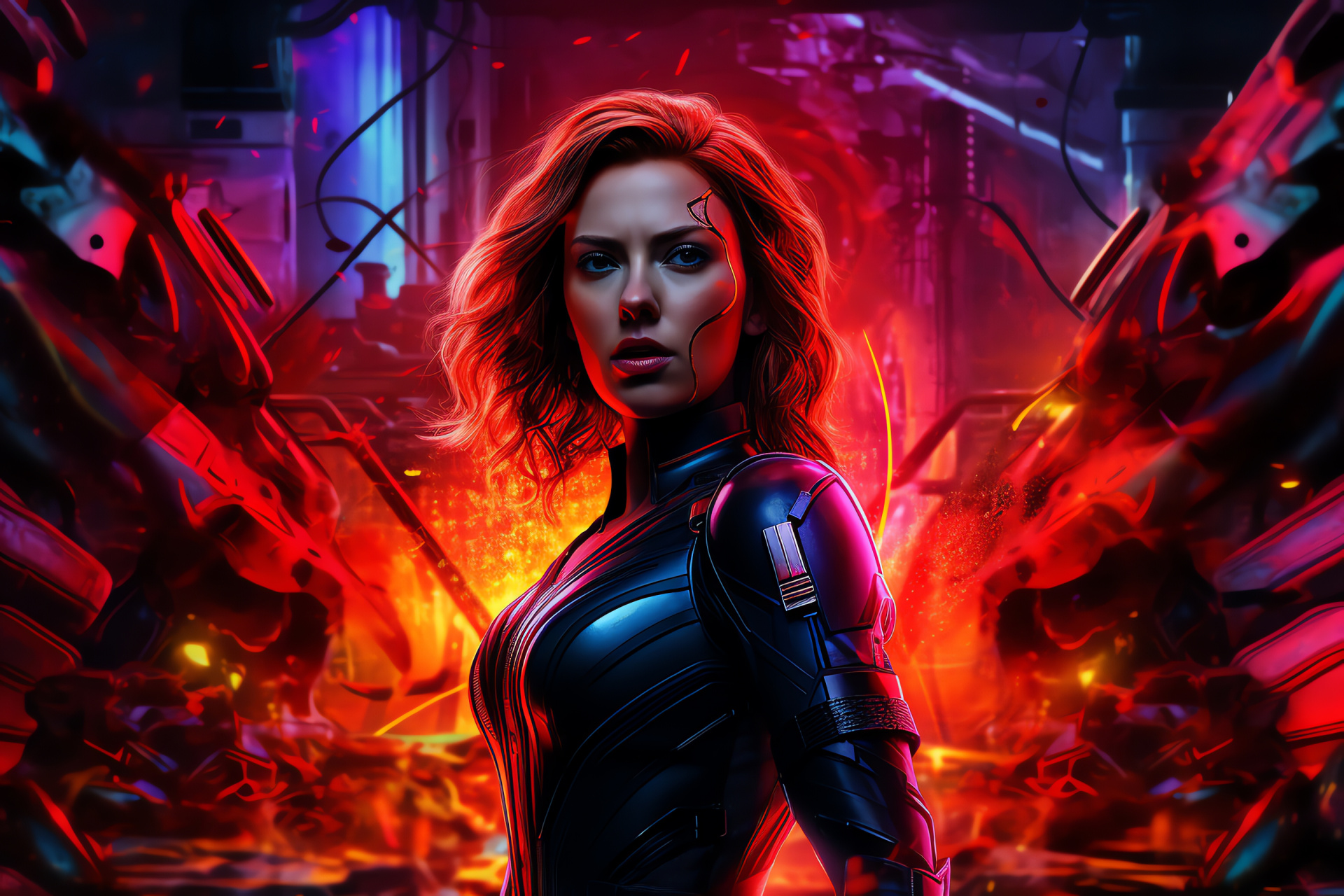 Cine star Scarlett Johansson, character Black Widow, profound gaze, radiant neon illumination, authoritative position, HD Desktop Wallpaper