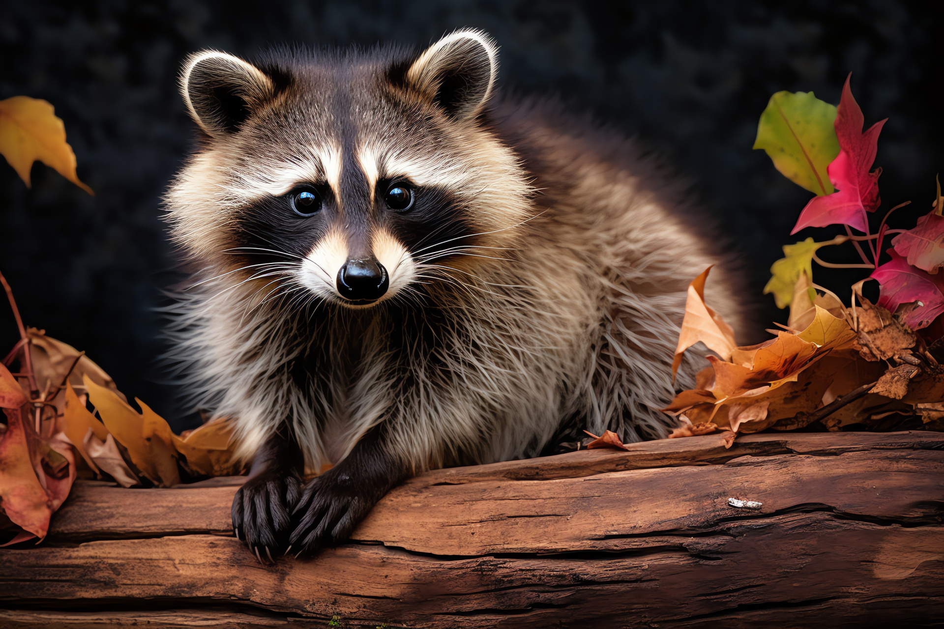 Raccoon, masked mammal, bushy banded tail, mischievous mammal, tri-chromatic backdrop, HD Desktop Image