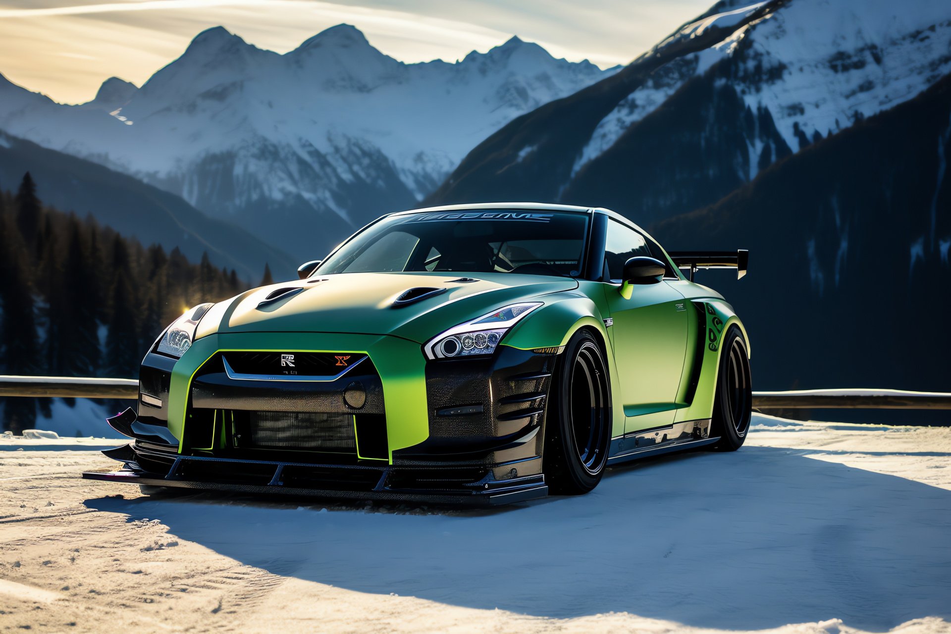 Nissan GTR Liberty Walk, Swiss mountain passes, sculpted bodywork, snow summits, verdant nature, HD Desktop Image