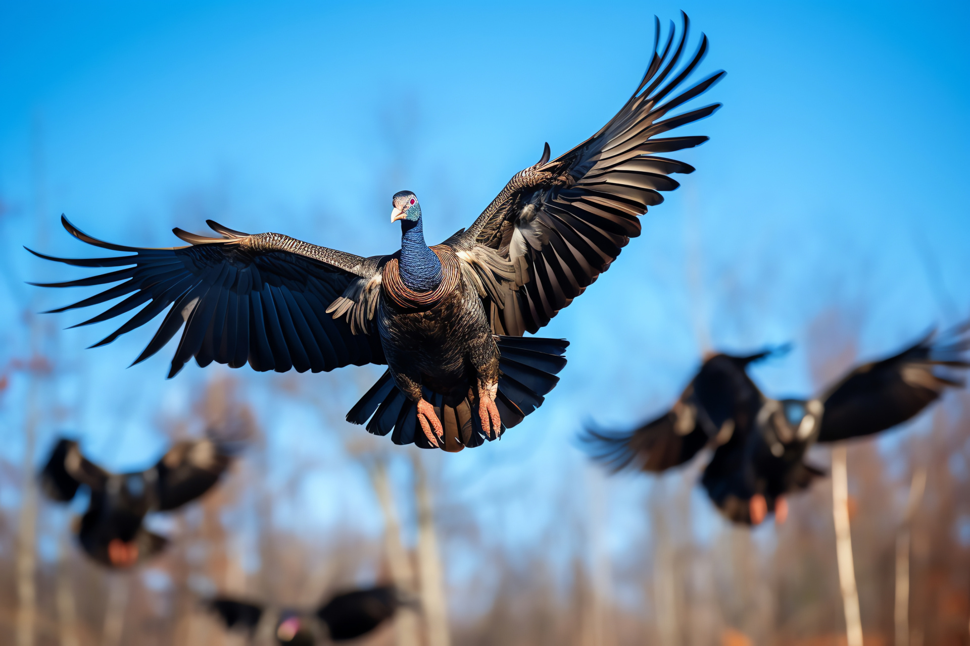 Wild Turkey flock, Vibrant blue heads, Complex feather patterns, Woodland avian, Ornate turkey group, HD Desktop Wallpaper