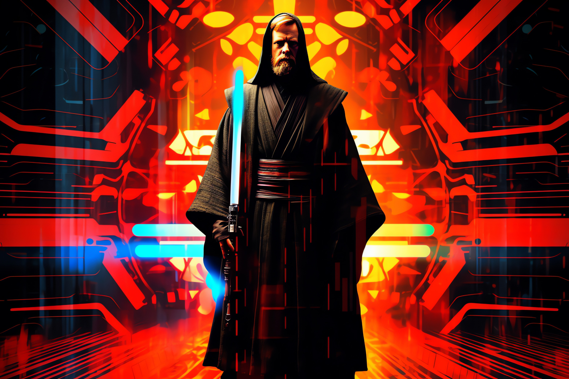 Kenobi with Jedi weapon, Iconic blue plasma saber, Symmetrical patterns backdrop, Stark contrast, Fiery hues, HD Desktop Image