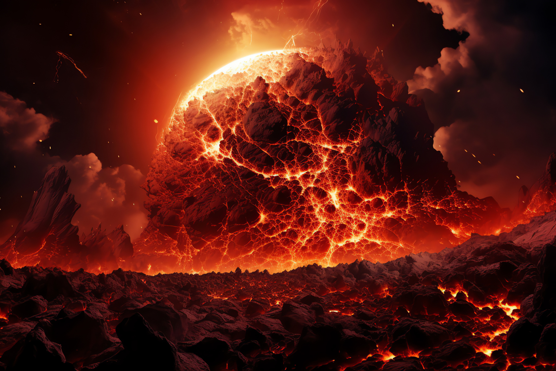 Extraterrestrial view, Lunar vista, Volcanic cosmic event, Liquid fire patterns, Scarlet eruptions, HD Desktop Image