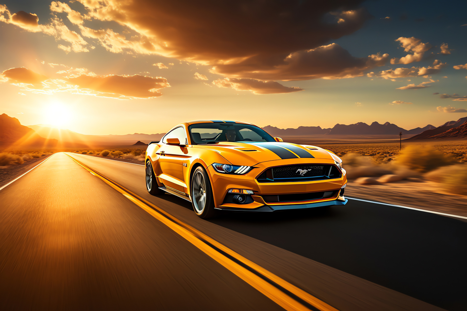 Ford Mustang HD, iconic Route 66, barren desert roads, sunset journey, legendary travel path, HD Desktop Image