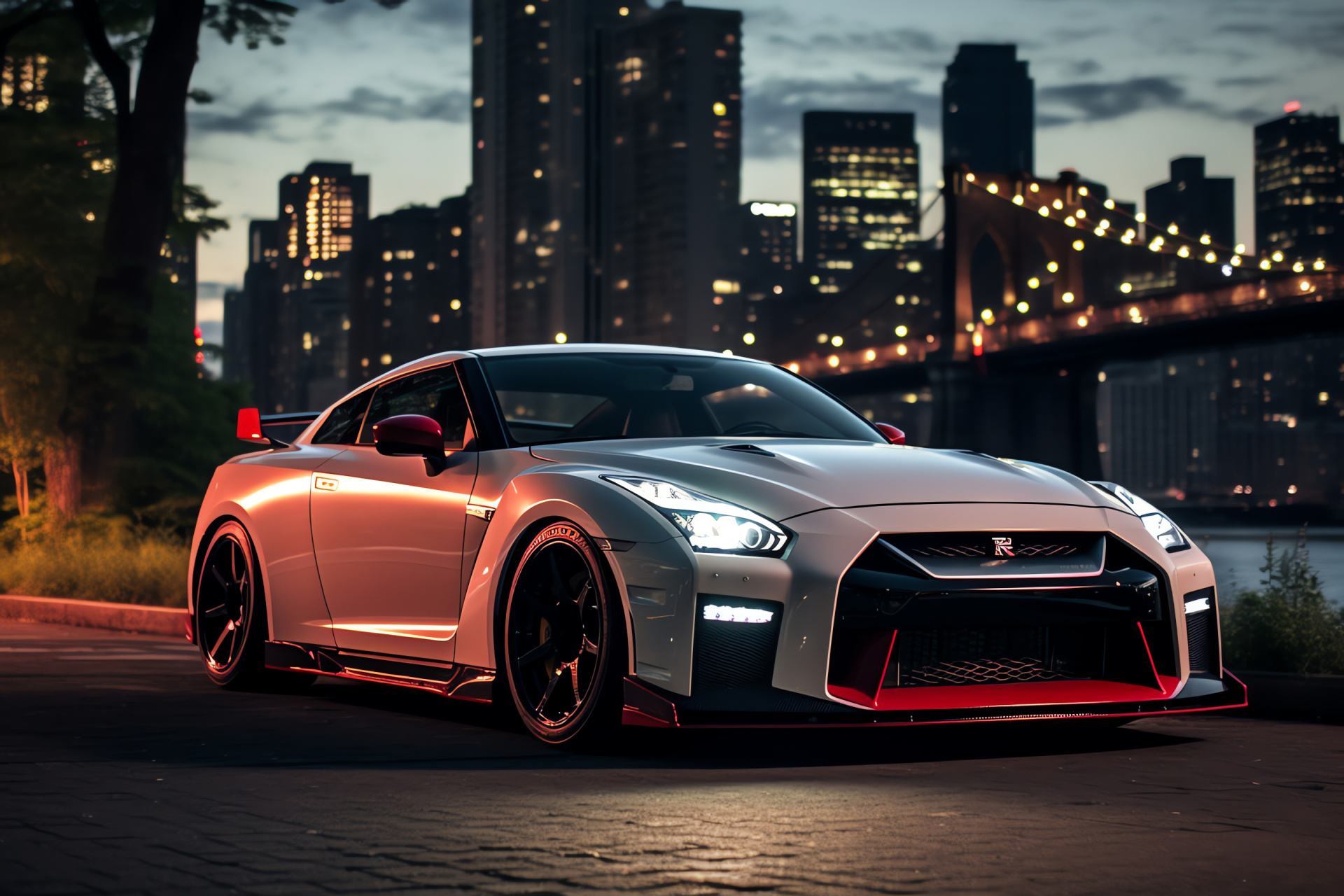 Veilside aftermarket modification, Nissan GT-R Nismo, NYC backdrop, performance tuning, skyline contrast, HD Desktop Image