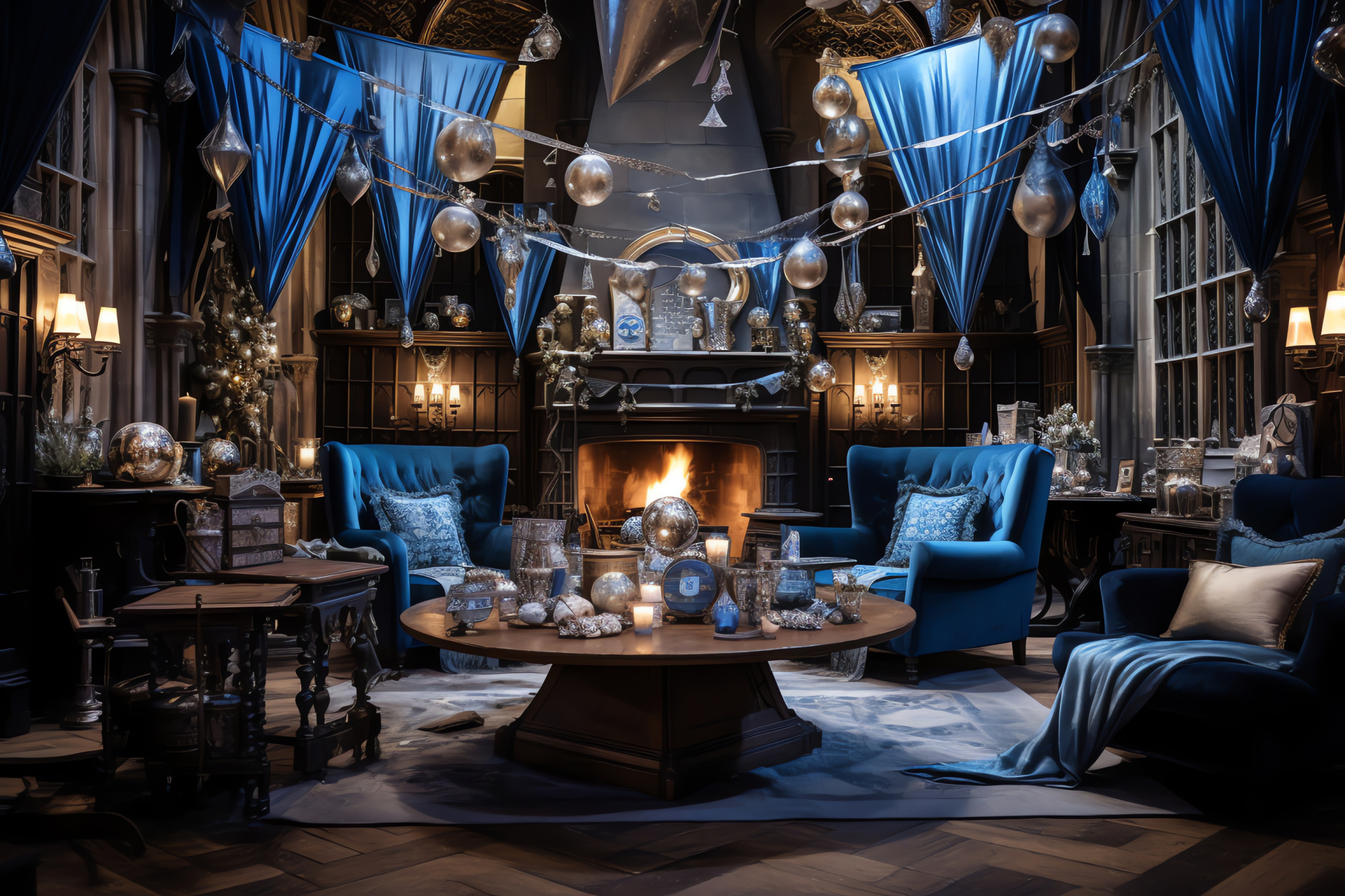 Wizarding house festivity, Common room festivities, Sapphirine and argent decorum, Celebratory streamers, Emblematic pennants, HD Desktop Image