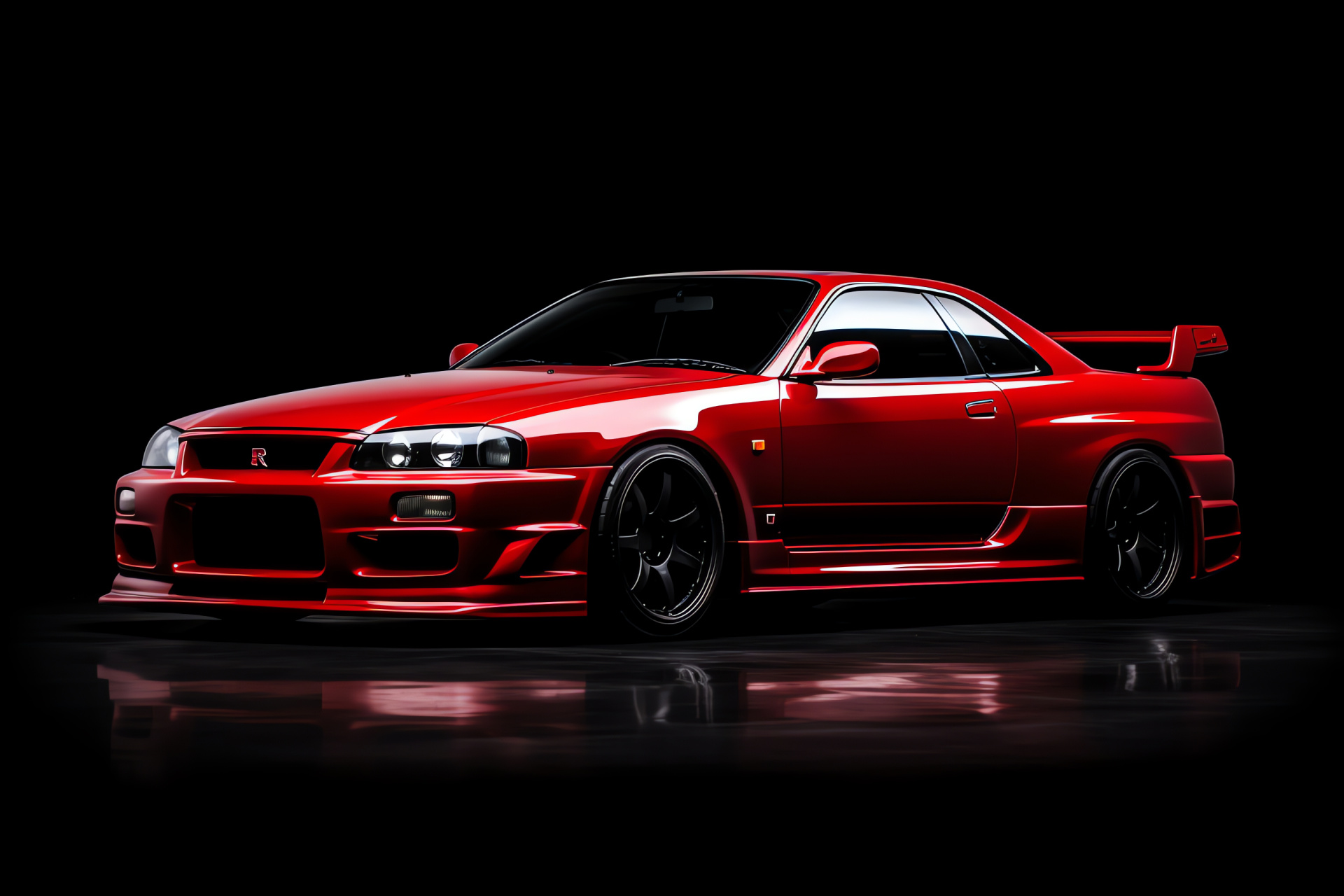Nissan Skyline GTR R33, Expansive scenery, Obsidian canvas, Crimson glow, Automotive elegance, HD Desktop Wallpaper