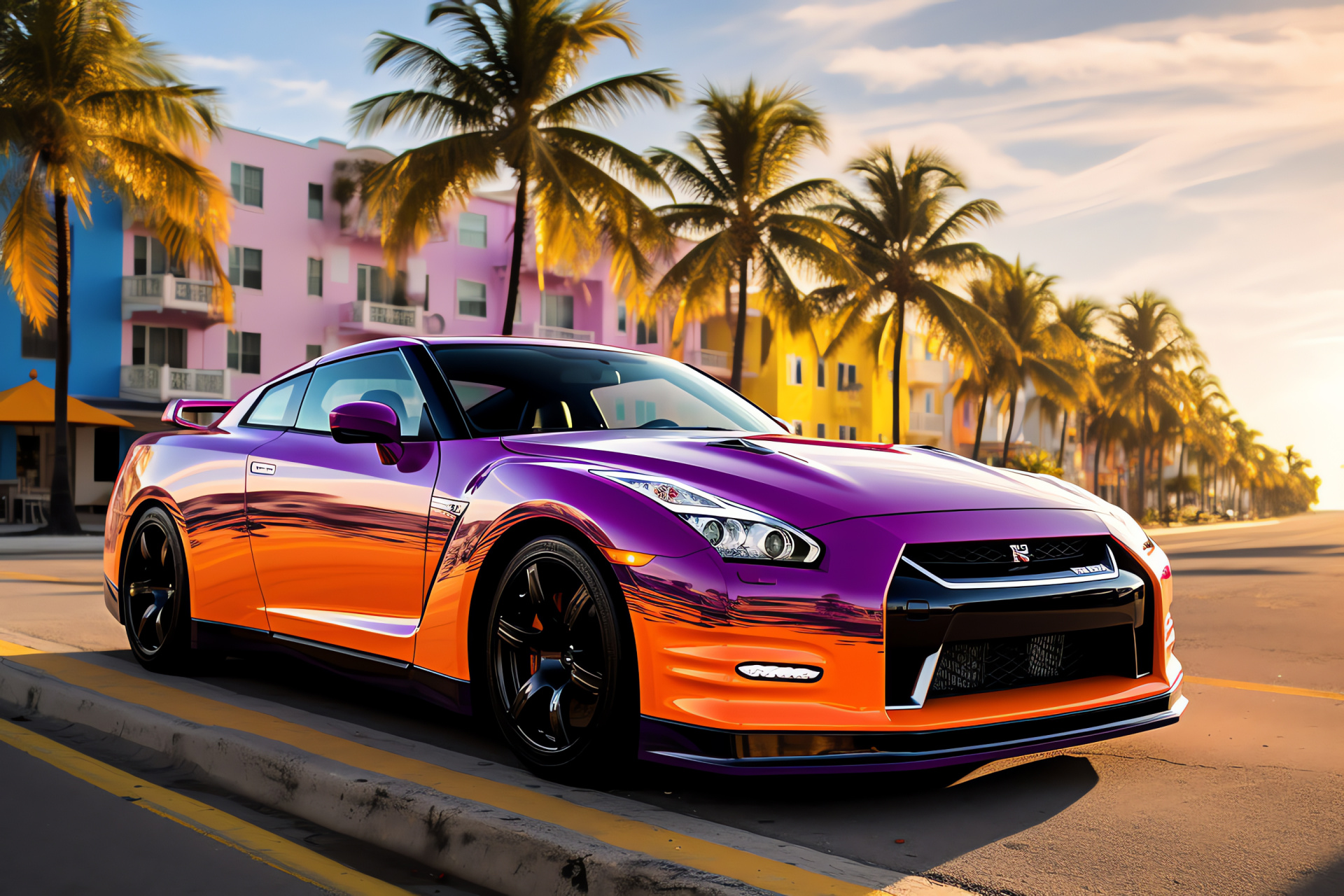 Nissan GTR, Miami ambiance, Ocean Drive night, architectural marvels, Florida's charm, HD Desktop Wallpaper