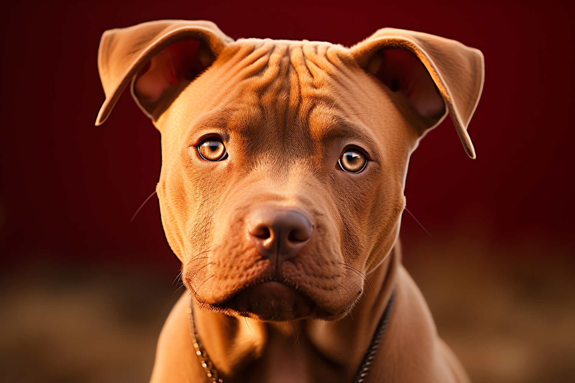 Amiable Pitbull, canine closeup, warmth in eyes, crimson backdrop, friendly demeanor, HD Desktop Image