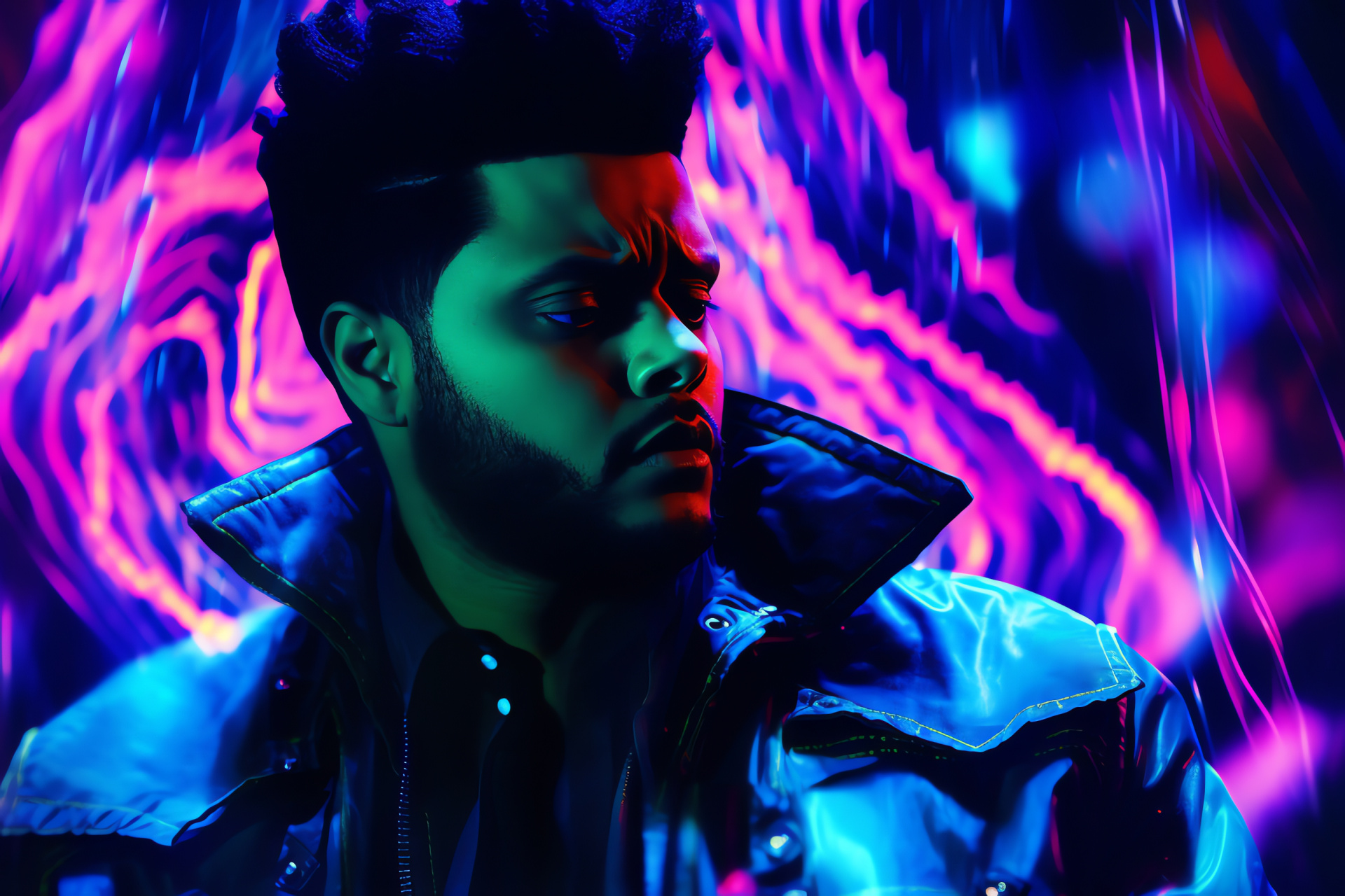 The Weeknd featuring surreal elements, vibrant cyberdelic aesthetics, chaotic swirling vortex, spectrum of vibrant hues, HD Desktop Image