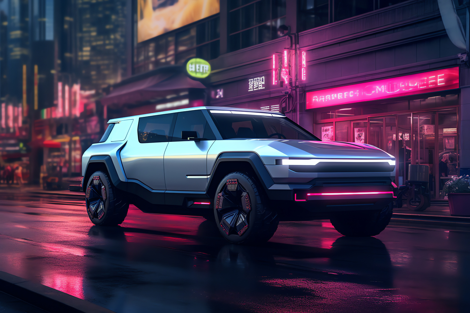 Tesla Cybertruck perspective, Future design transport, Urban nightlights, Electric truck silhouette, HD Desktop Image