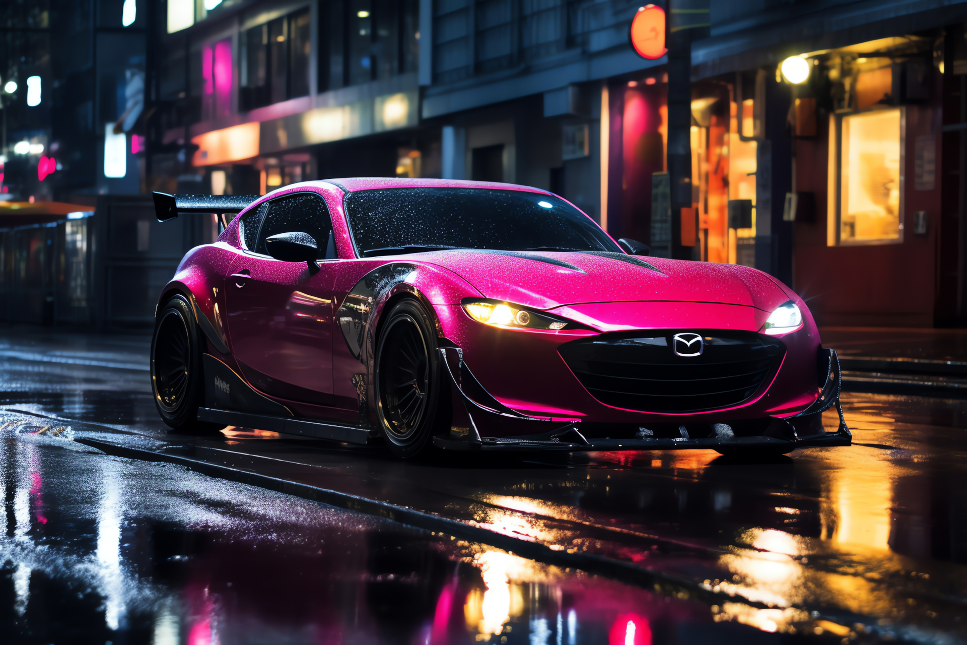 Mazda RX8 coupe, Neo-Tokyo essence, luminous neon, wet urban streets, future aesthetic, HD Desktop Wallpaper