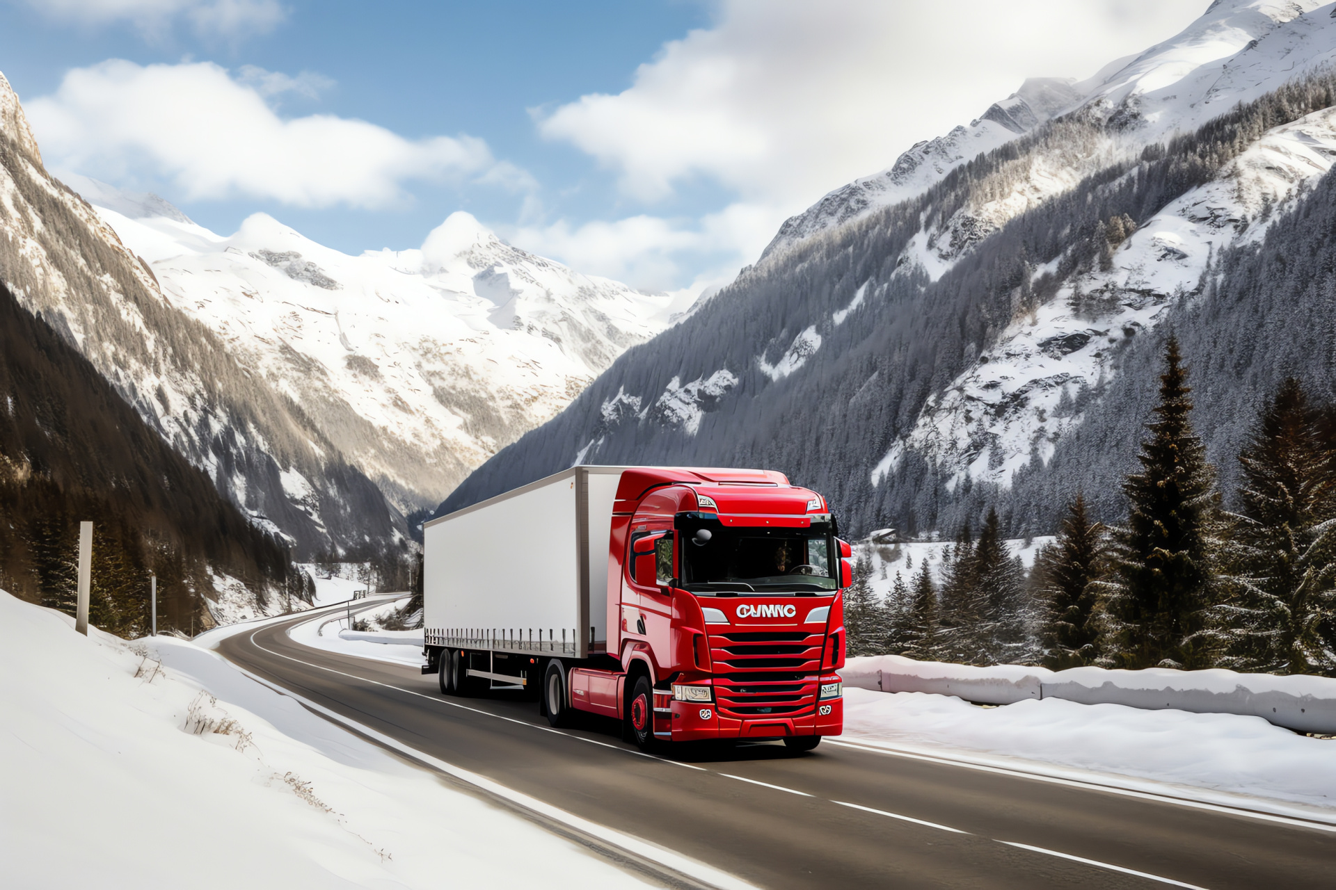 Transport vigor, Alpine trade route, Freight conveyance, Snow dusted rises, Majestic routes, HD Desktop Image
